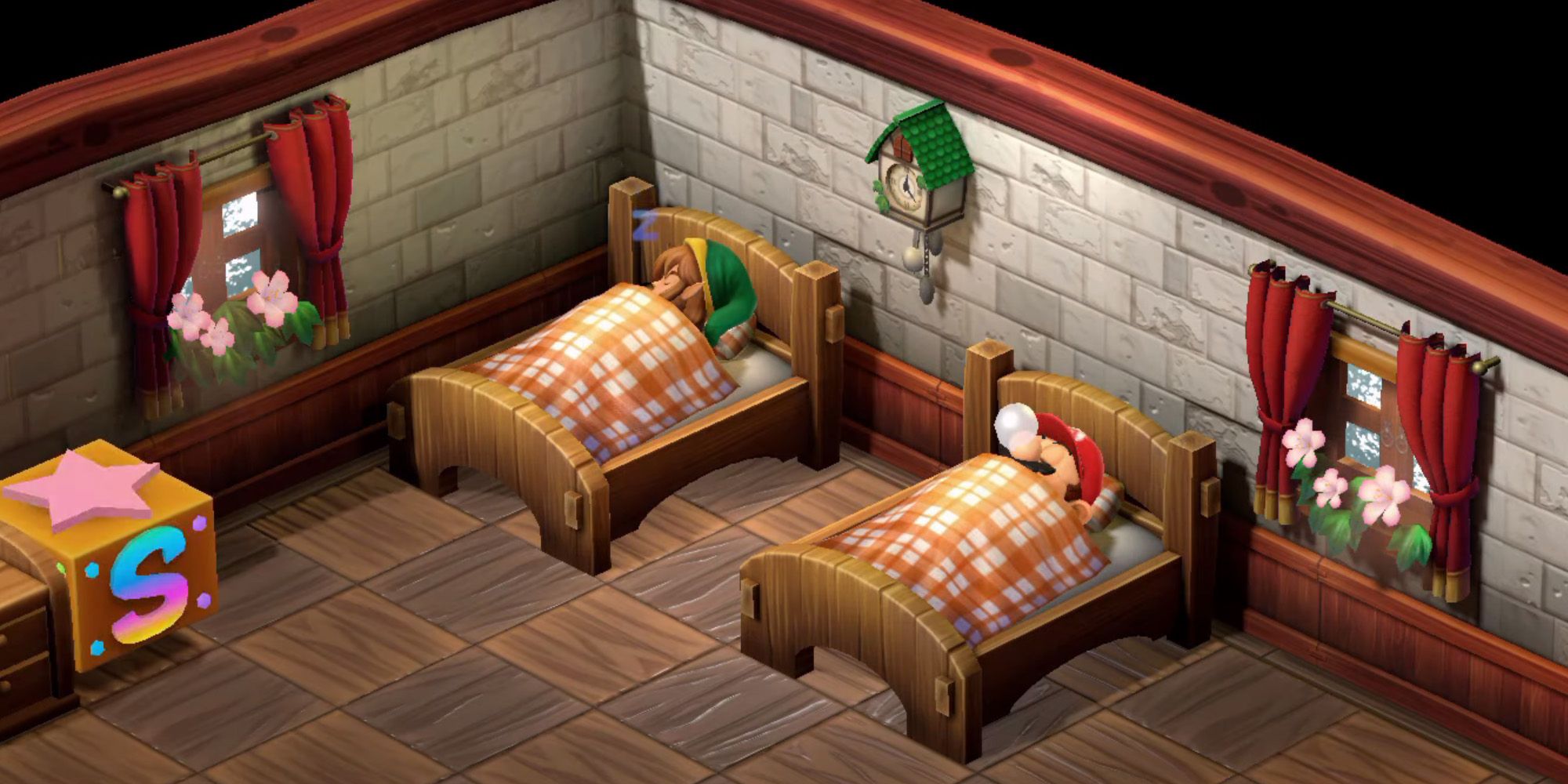 Super Mario RPG Remake – Link aus The Legend of Zelda, der in einem Bett neben Mario schläft