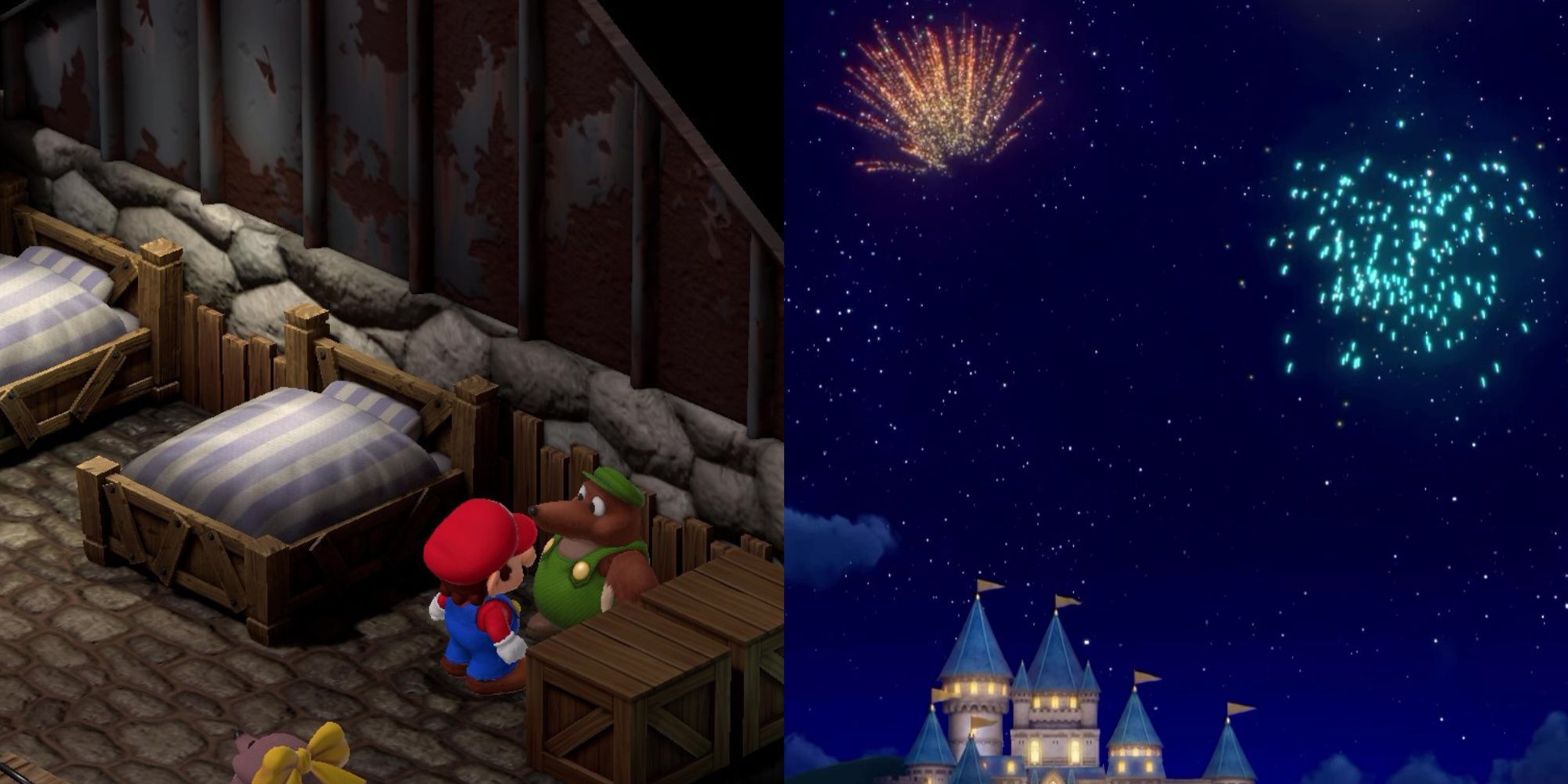 A split image of Mario buying and using the Fireworks in Super Mario RPG
