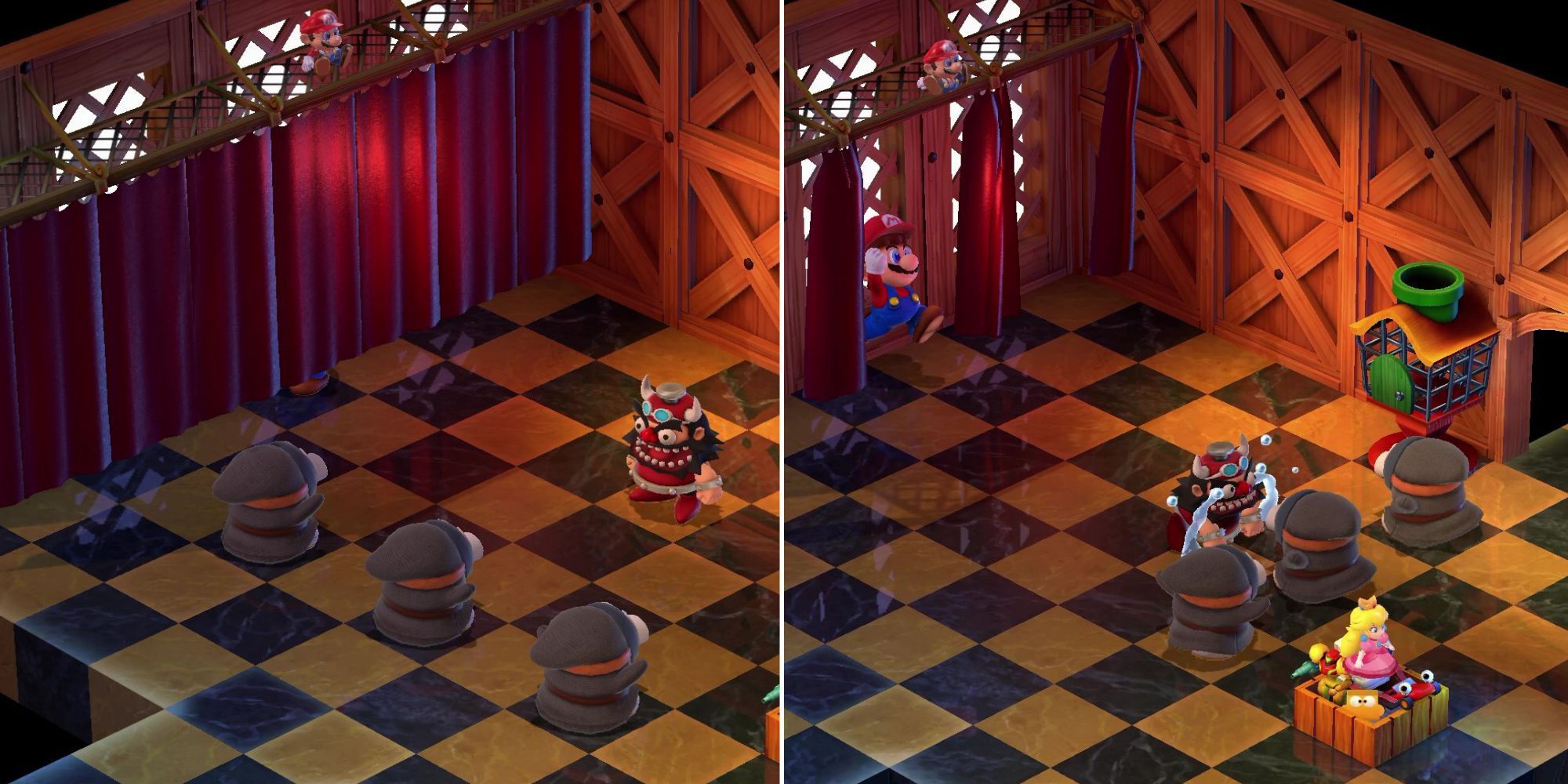A split image of Mario helping Booster find the Mario doll in Super Mario RPG