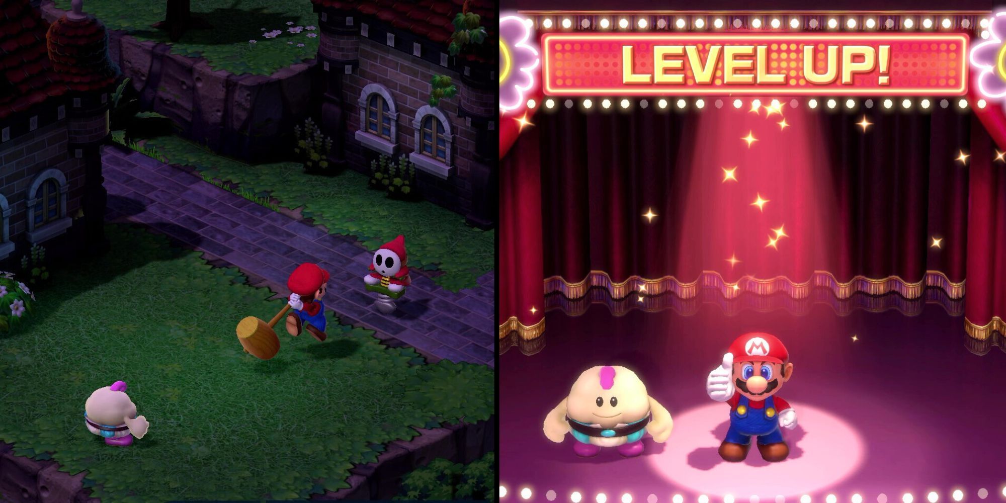 A split image of Mario leveling up in Super Mario RPG.