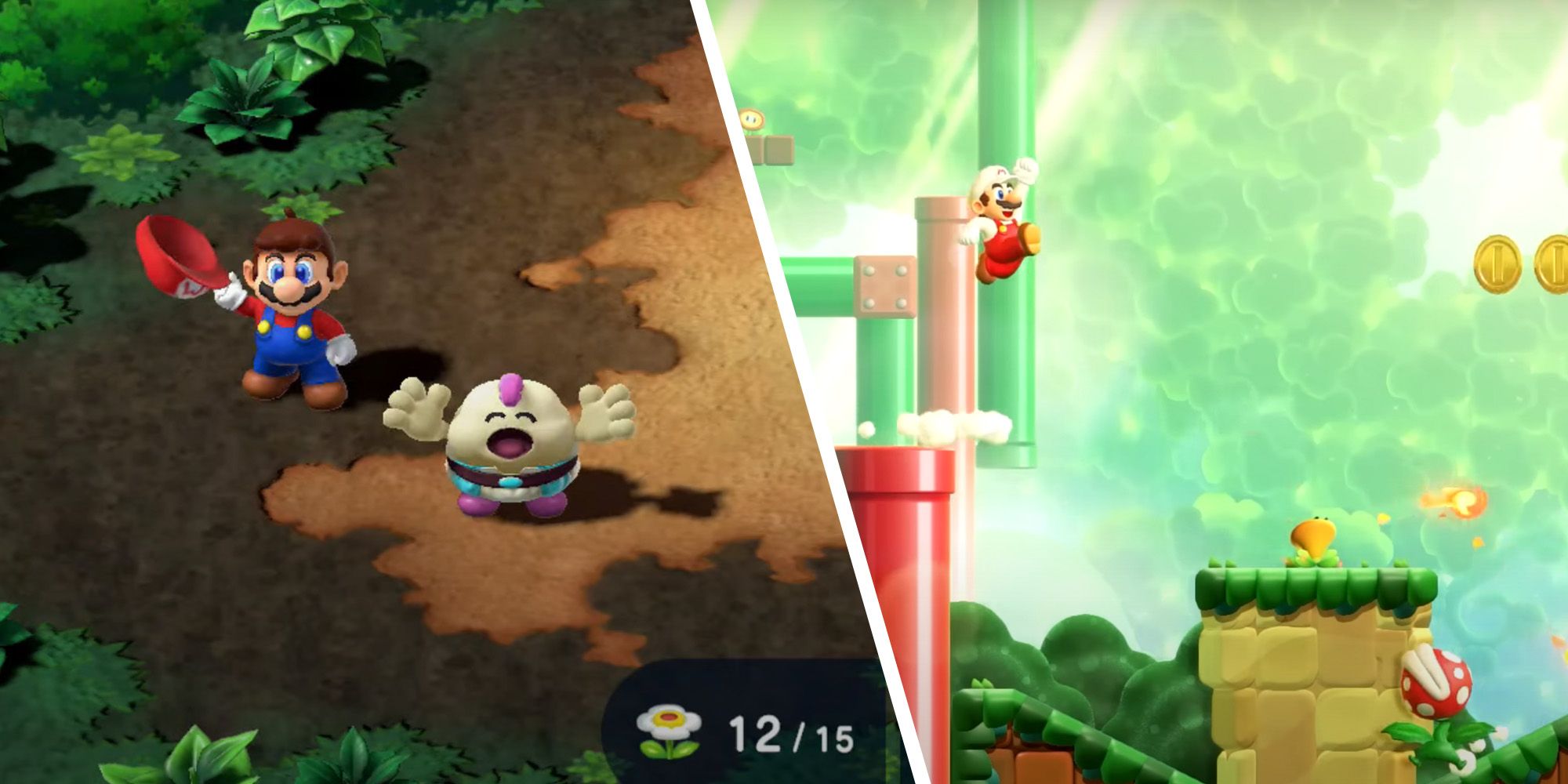 Split image of Mario and Mallow in Super Mario RPG Remake and Fire Mario from Super Mario Bros Wonder
