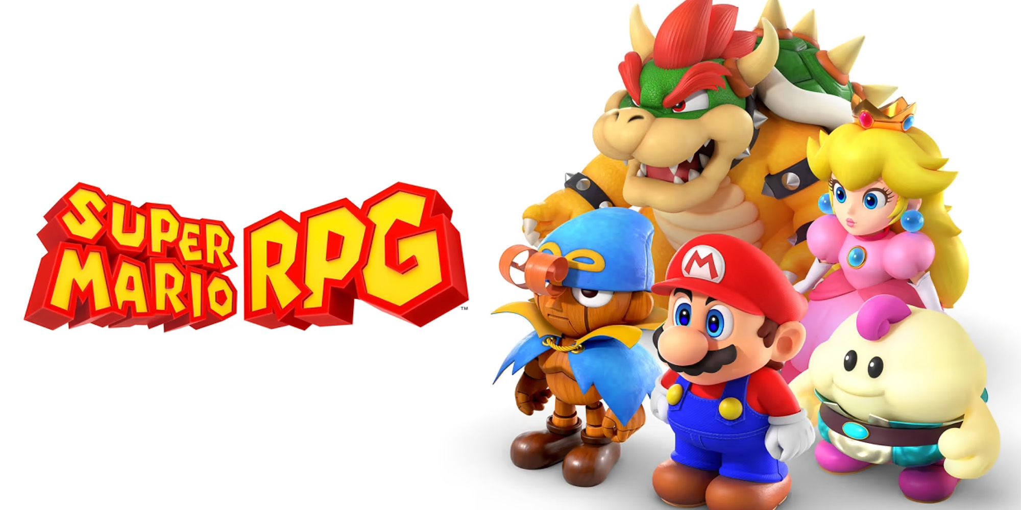 Super Mario RPG - Mario, Mallow, Geno, Peach, and Bowser standing next to the logo