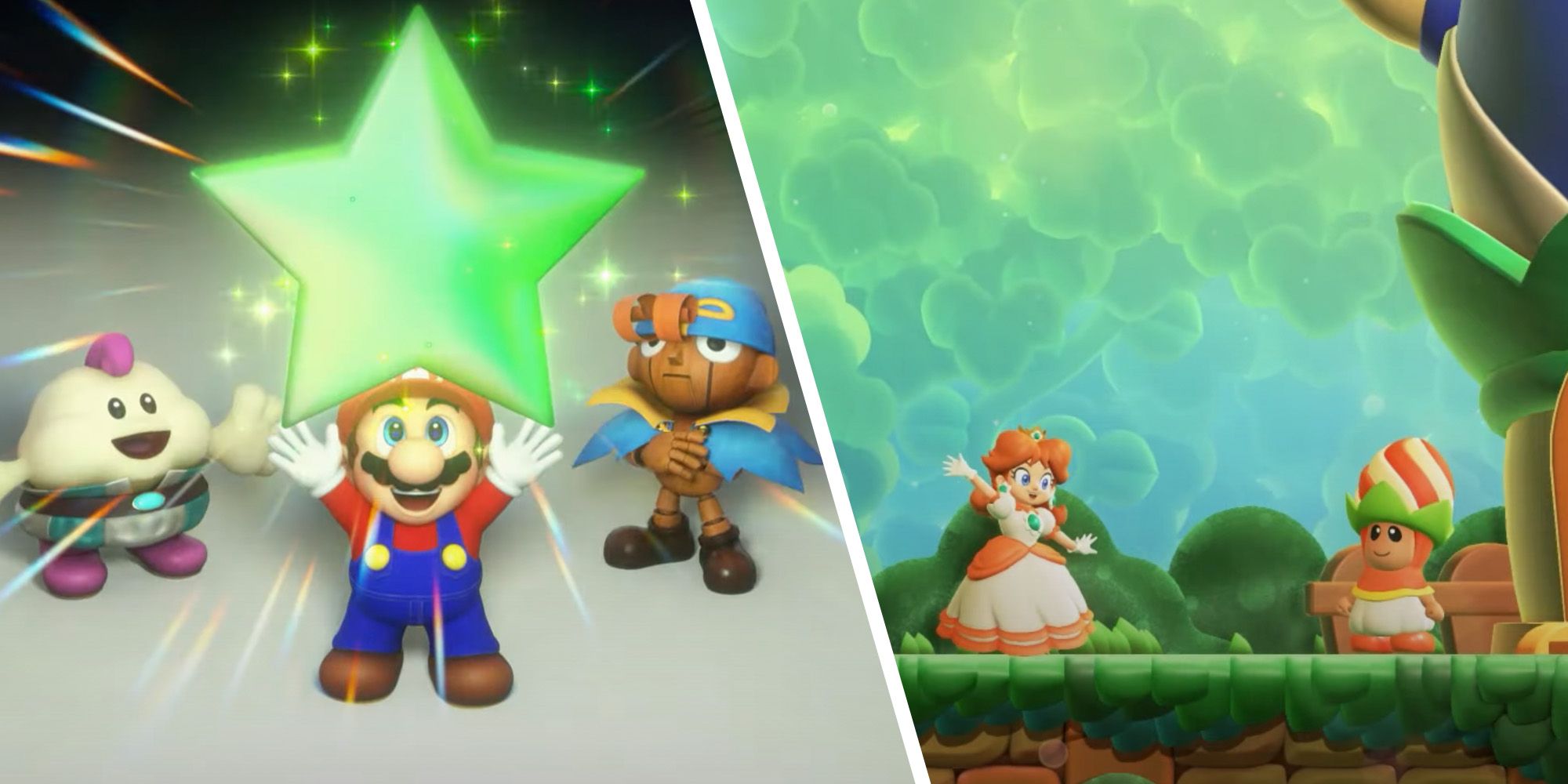 Split image of Mario, Geno, and Mallow from Super Mario RPG Remake and Daisy and a Poplin from Super Mario Bros Wonder