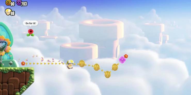 Toad dashing over thin air using the Jet Run badge.