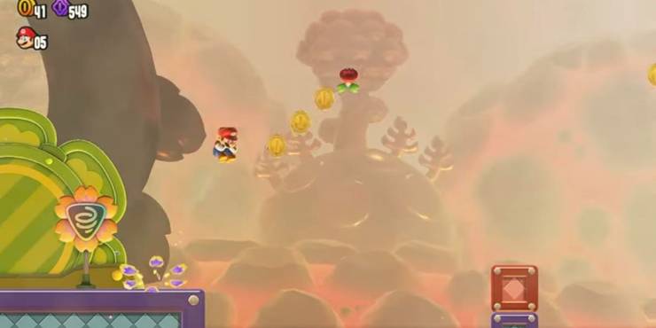 Mario spring jumping between two distant platforms.