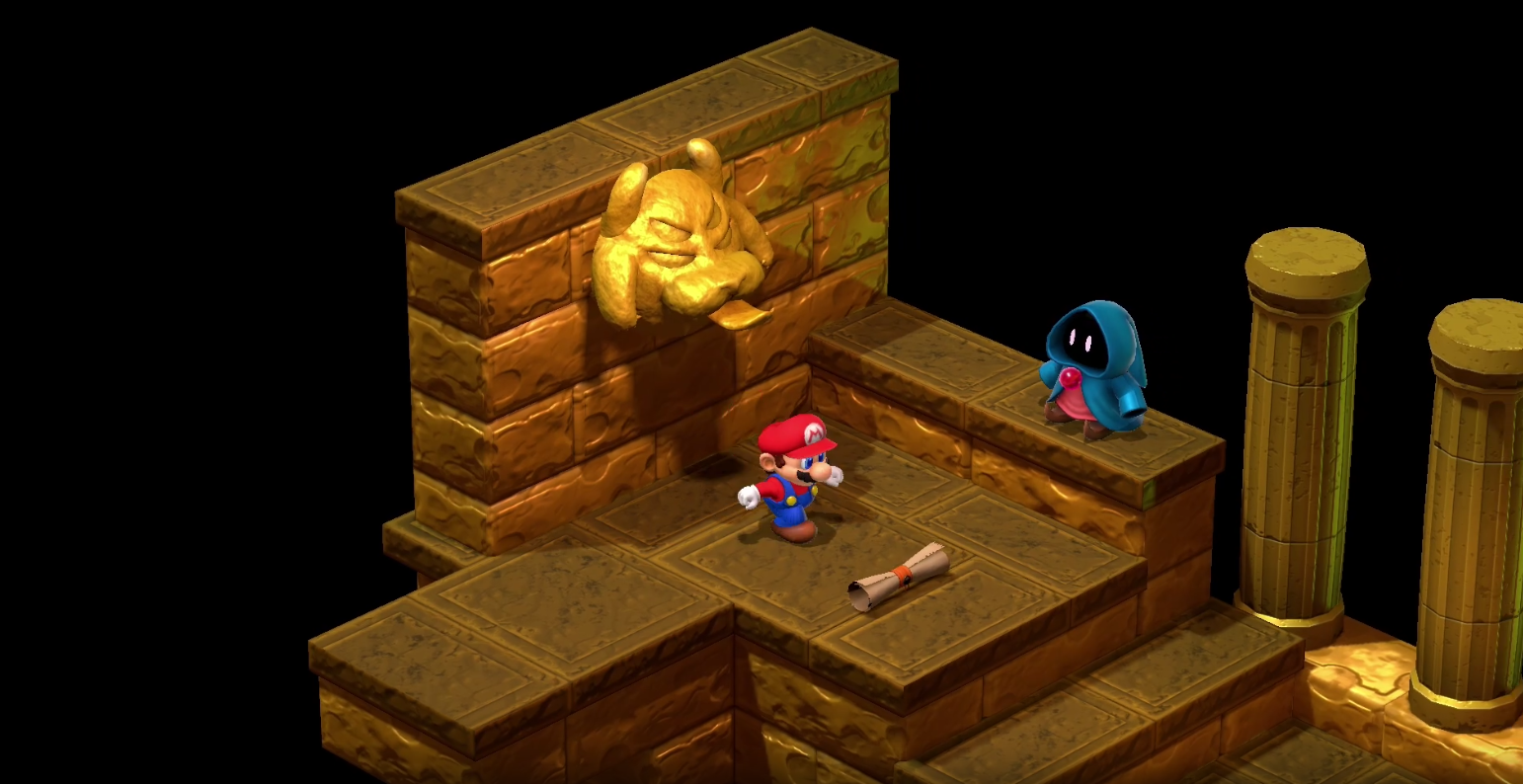 A dog statue in the Belome Temple giving Mario a fortune.