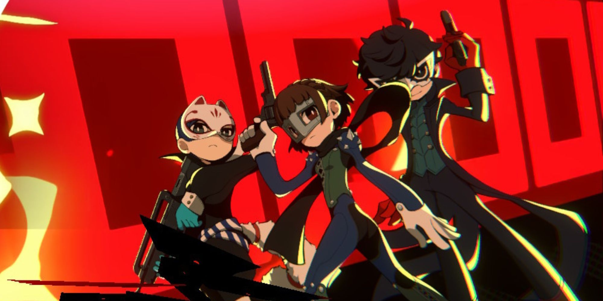 Yusuke, Makoto, and Joker in an all out attack screen in Persona 5 Tactica