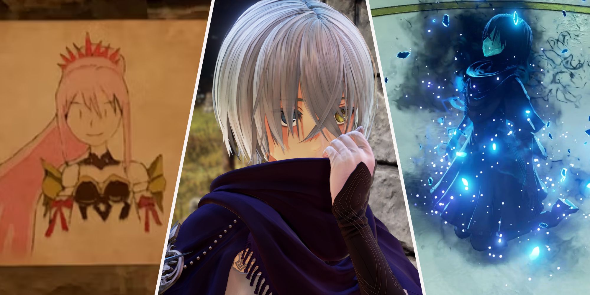 A collage of images showcasing Nazamil's hand-drawn portrait of Shionne, Nazamil, and a Nazamil Shadow in Tales of Arise: Beyond the Dawn