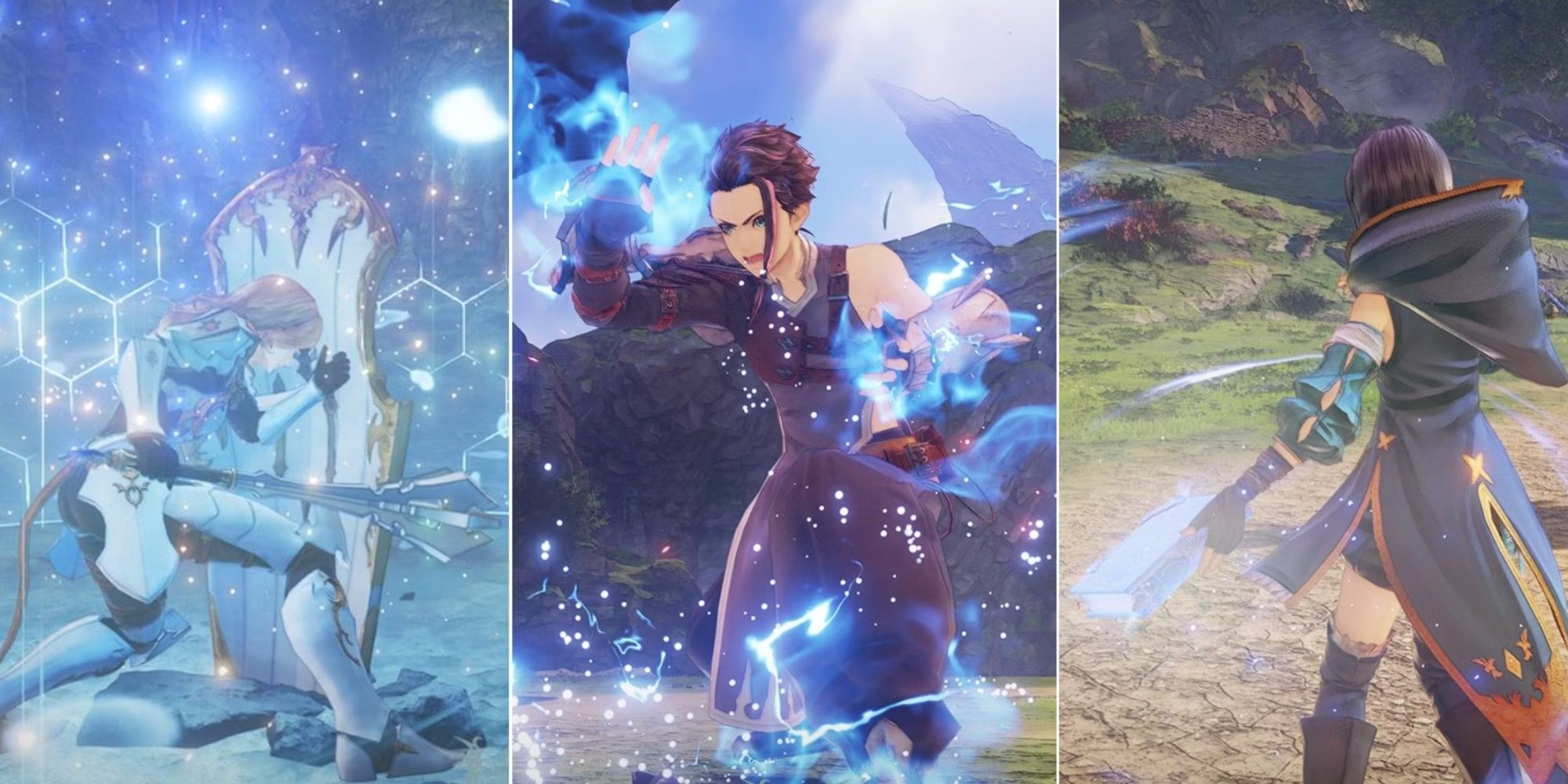 A collage of images showcasing Kisara, Law, and Rinwell in combat encounters in Tales of Arise: Beyond the Dawn