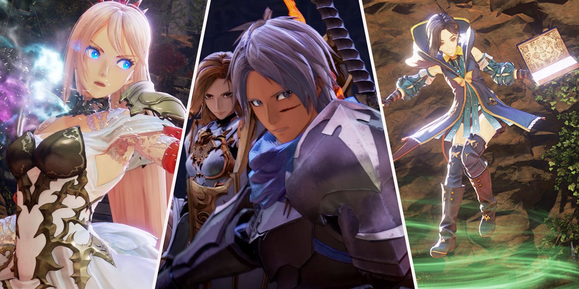 A collage of images showcasing Shionne, Kisara, Alphen, and Rinwell in Tales of Arise: Beyond the Dawn