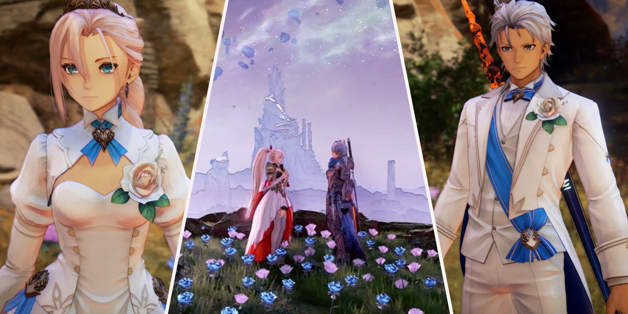 A collage of images of Alphen and Shionne in Tales of Arise: Beyond the Dawn