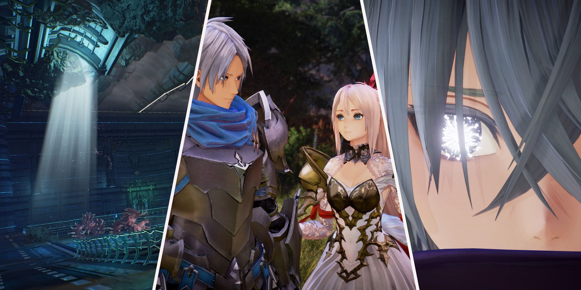 A collage of images showcasing a new Dungeon, Alphen and Shionne, and the new character Nazamil in Tales of Arise: Beyond the Dawn