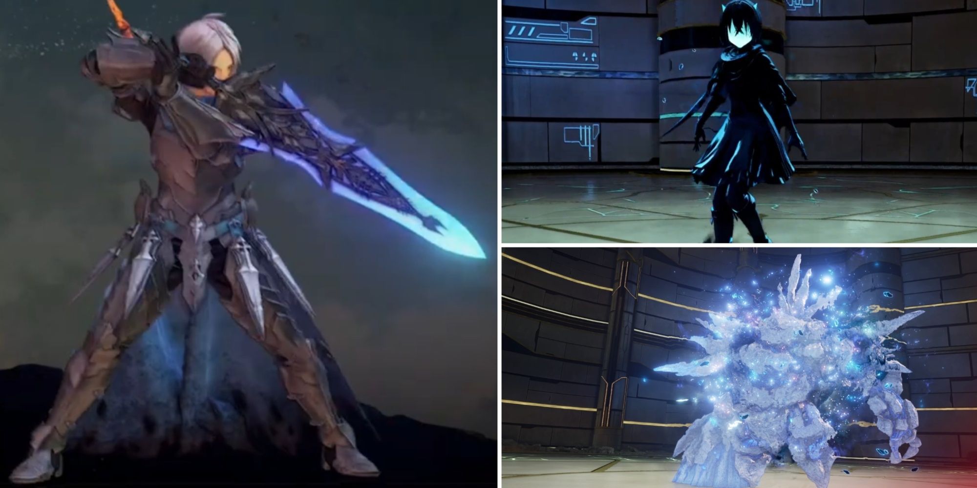 A collage of images showcasing Alphen's Ryugola Weapon, a Nazamil Nether, and the Megawrecker boss in Tales of Arise: Beyond the Dawn
