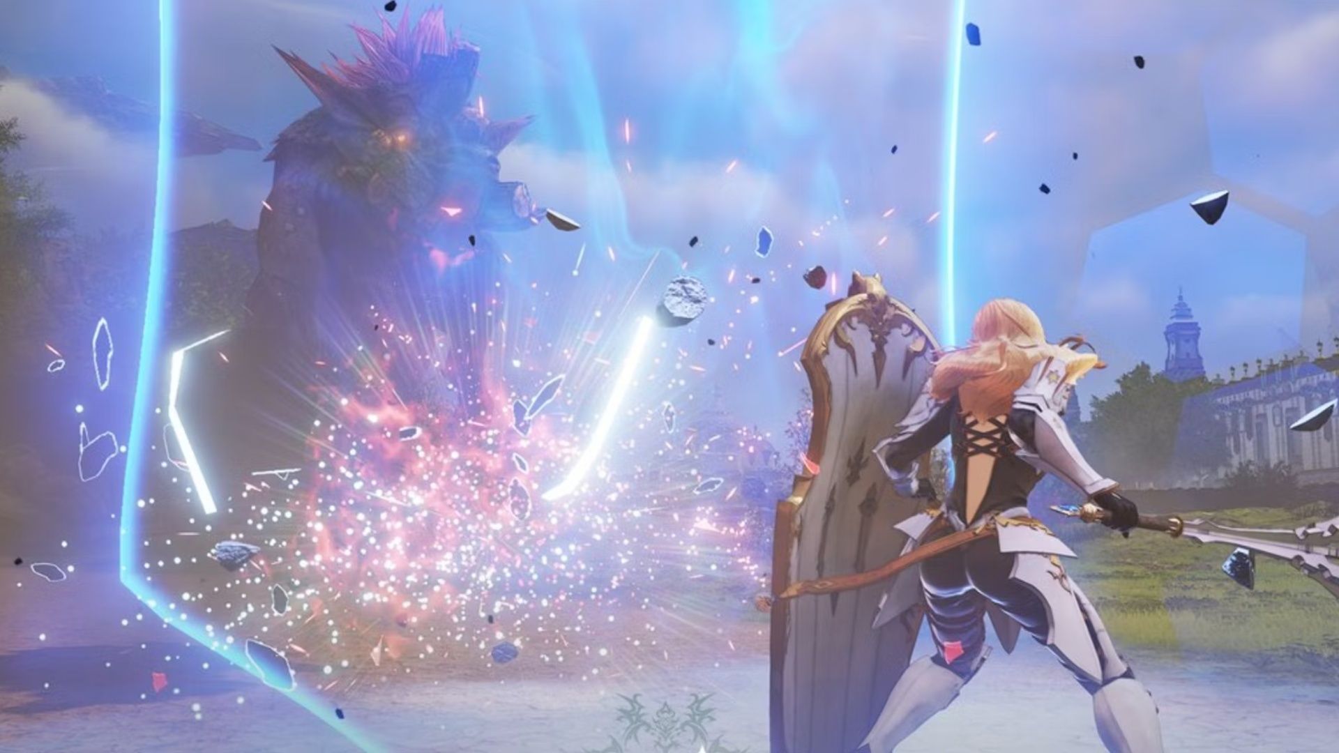 Kisara using her Boost Attack to stop a charging enemy in its tracks in Tales of Arise