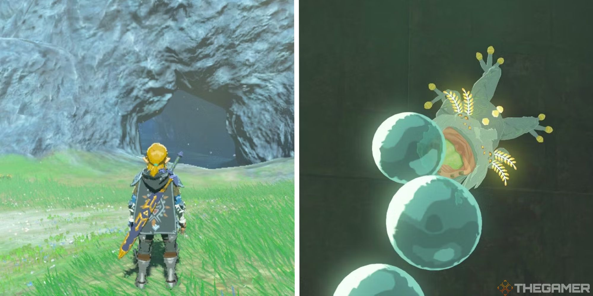 tears of the kingdom split image showing link at cave entrnace next to image of bubbulfrog spitting bubbles