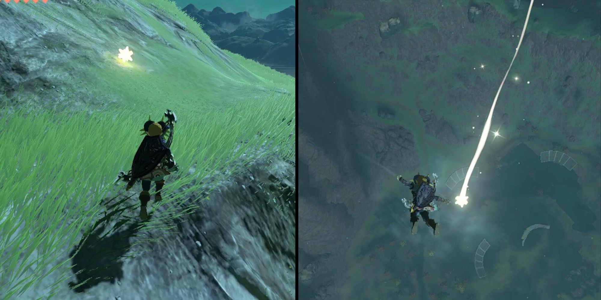 Split image of Link finding Star Fragments in The Legend of Zelda: Tears of the Kingdom