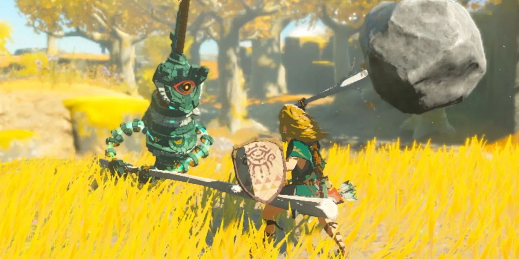 Tears Of The Kingdom: Link Bashing A Construct With A Boulder Blended Sword