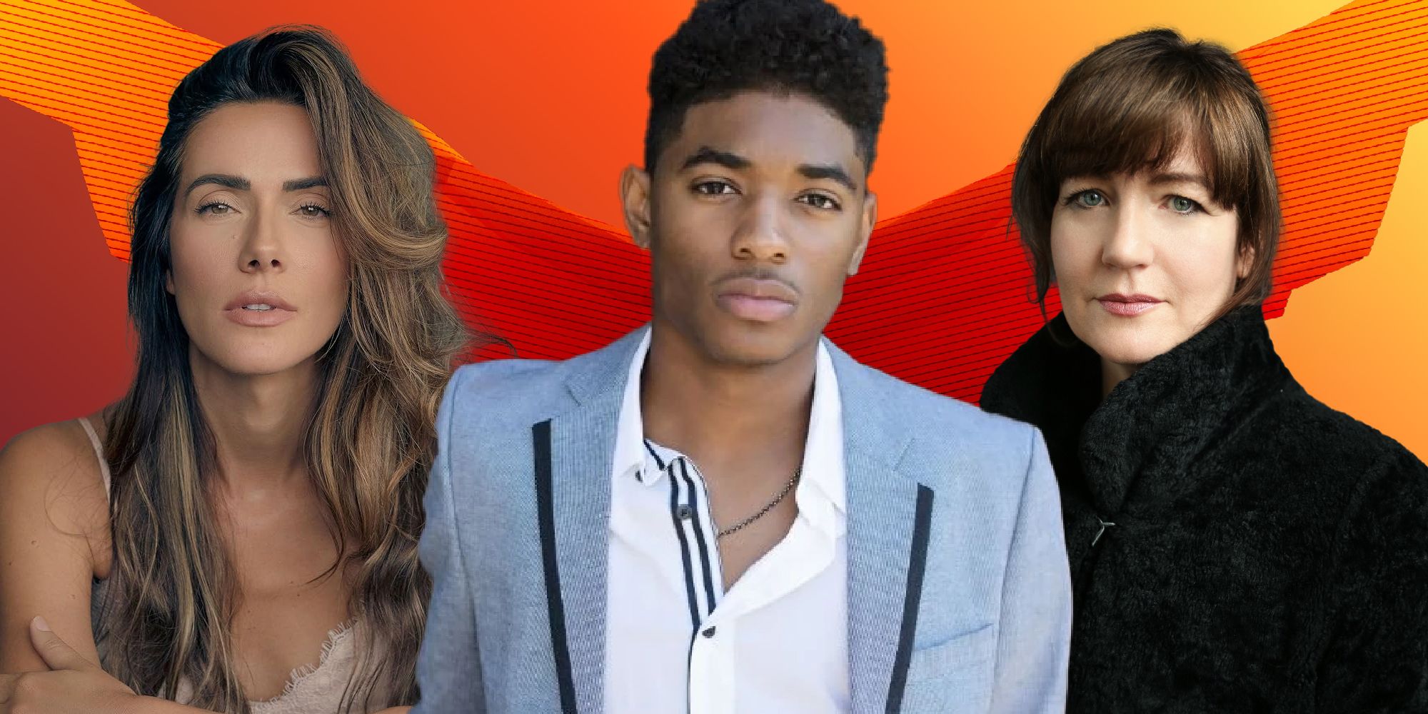 Devora Wilde, Nadji Jeter, and Caroline Faber in front of orange The Game Awards background