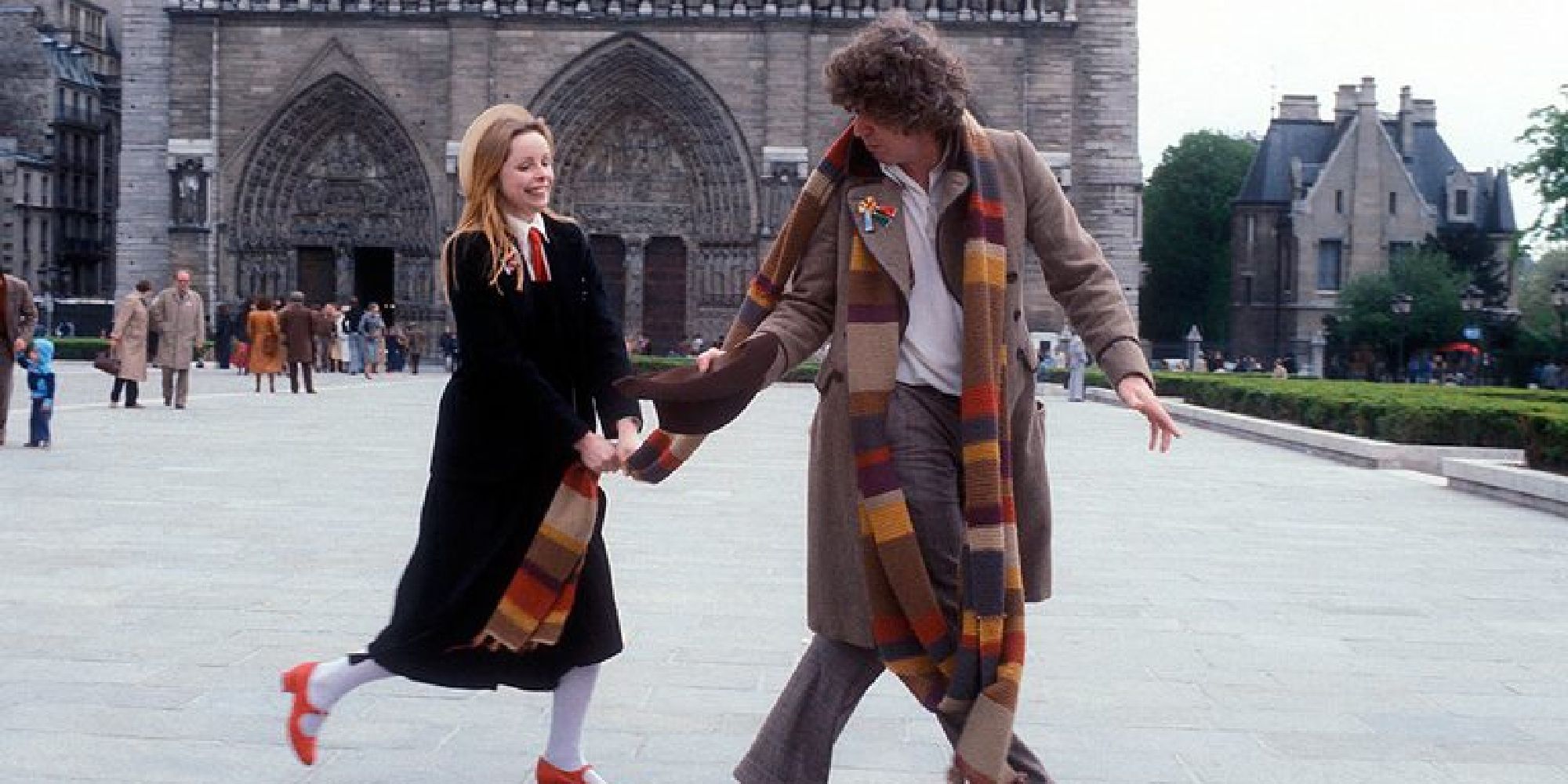 The 4th Doctor and Roman walking through Paris in Doctor Who's City of Death