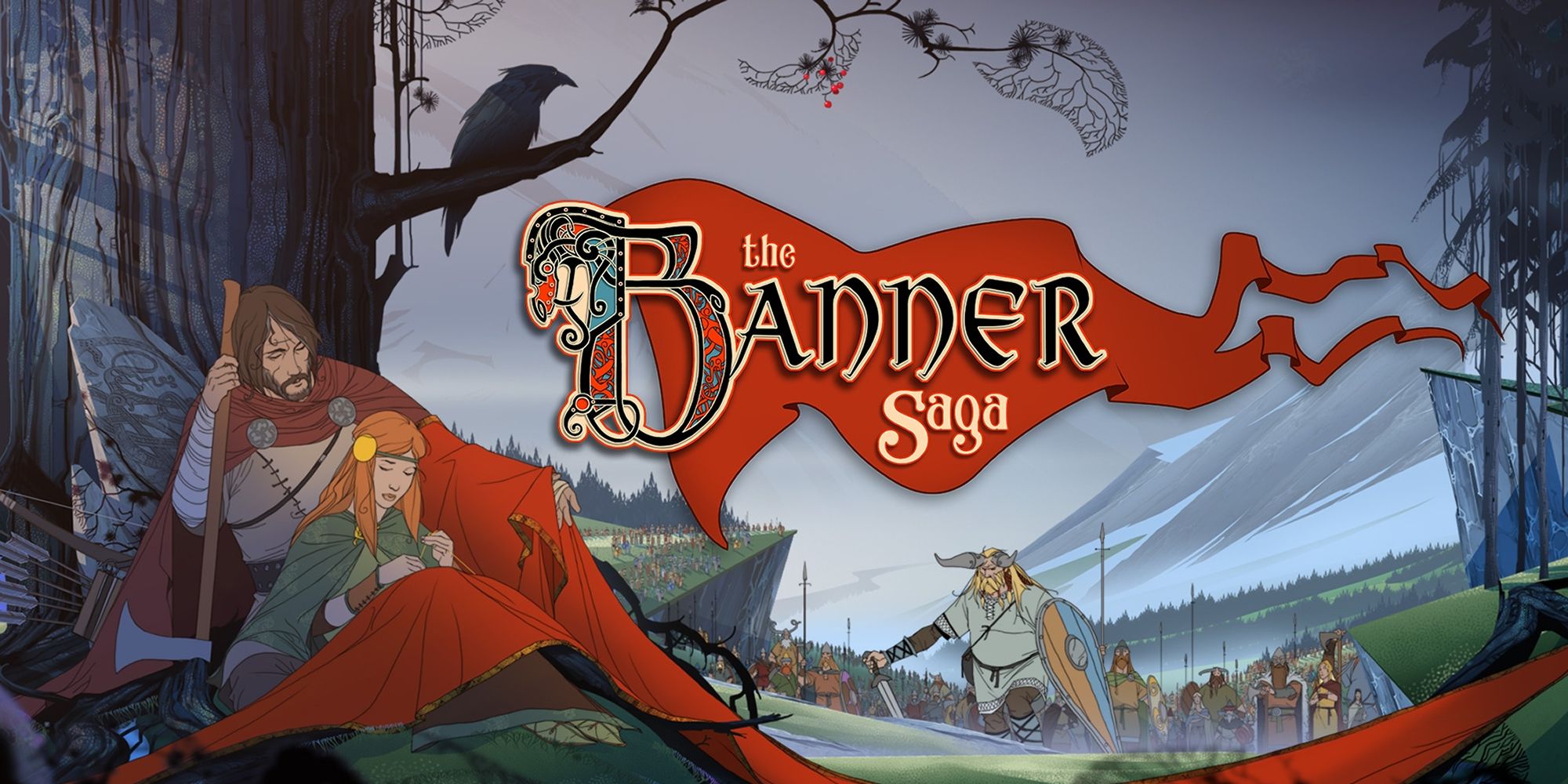 The Banner Sage Title Art Depicting Two Main Characters And Giants