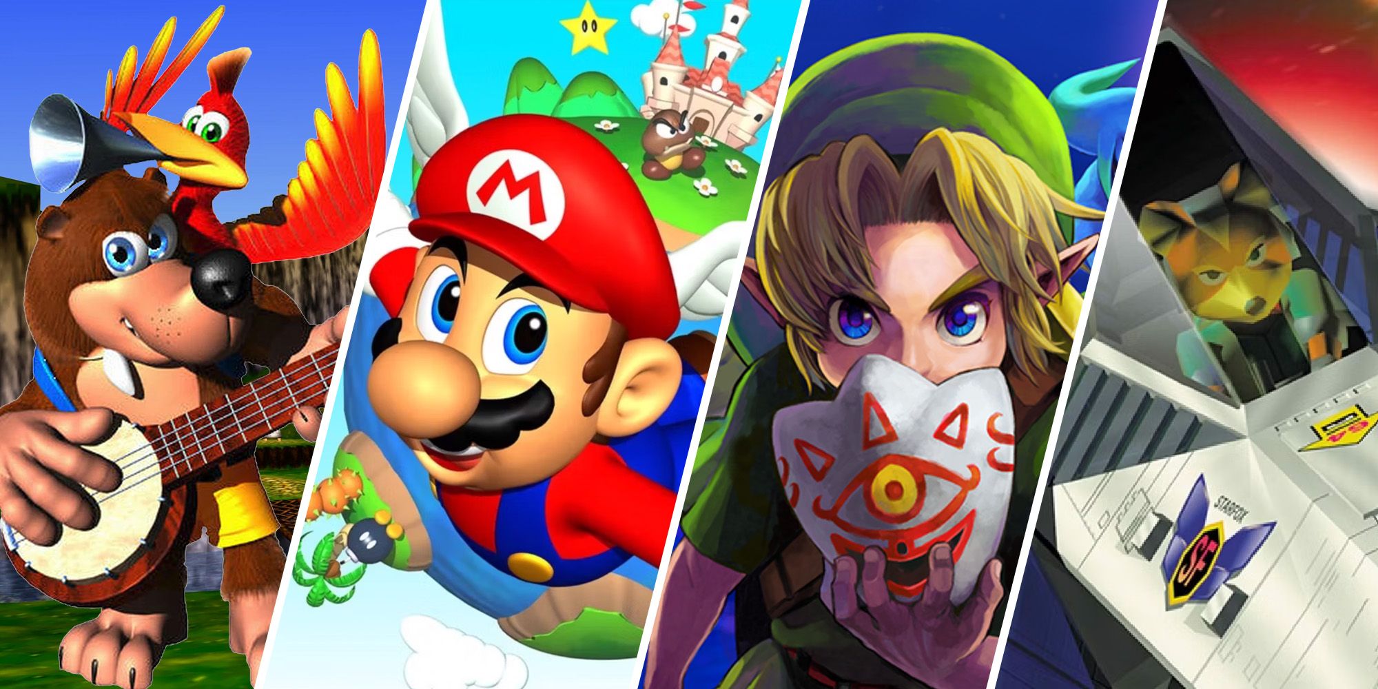 The Best N64 Games - Split image of Banjo Kazooie, Super Mario 64, The Legend Of Zelda Majora's Mask, Star Fox 64