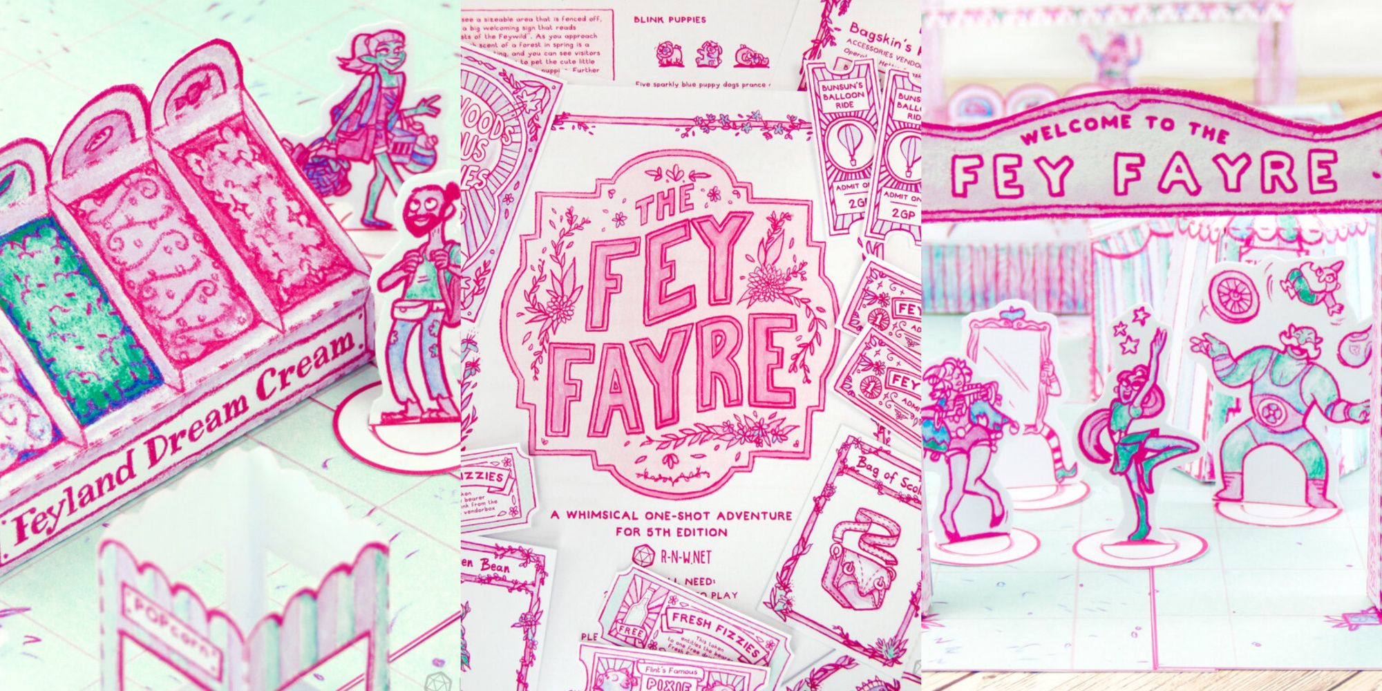 Components of the Fey Fayre, left to right: An ice cream stand, the adventure's cover, the entrance to the faire
