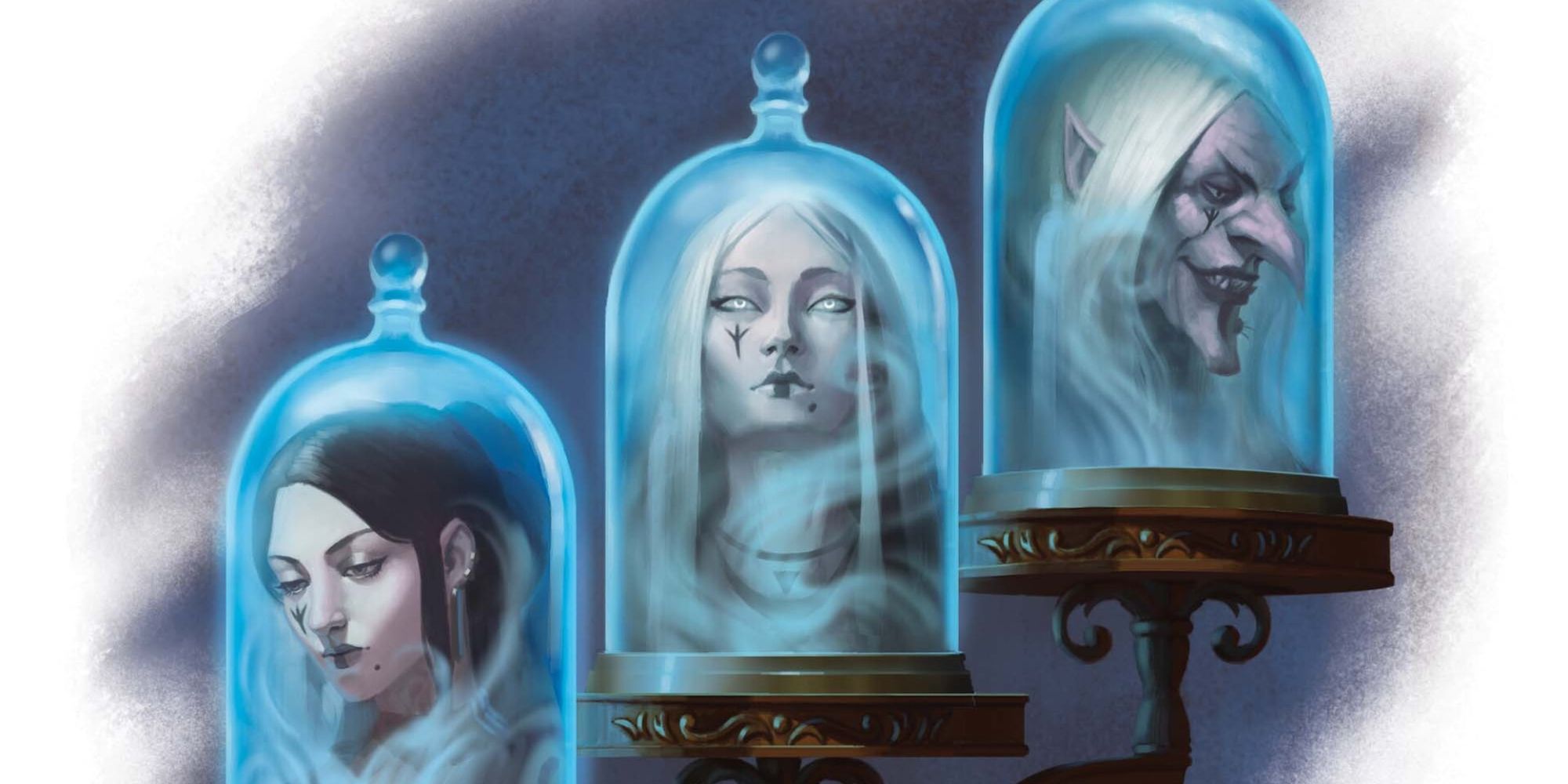 The Jars Of Time with three heads of the same person at different ages in D&D Artwork