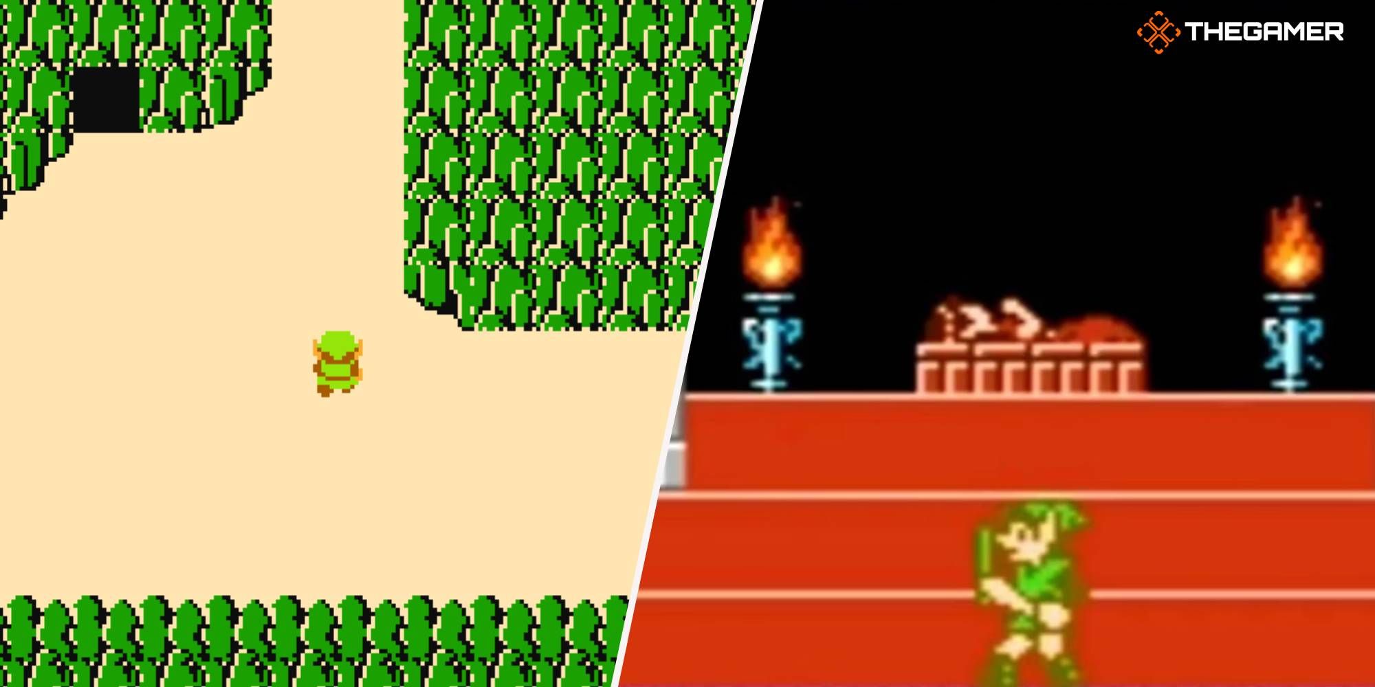 The Legend of Zelda's Link in the overworld and Adventure of Link's near the sleeping Princess Zelda.