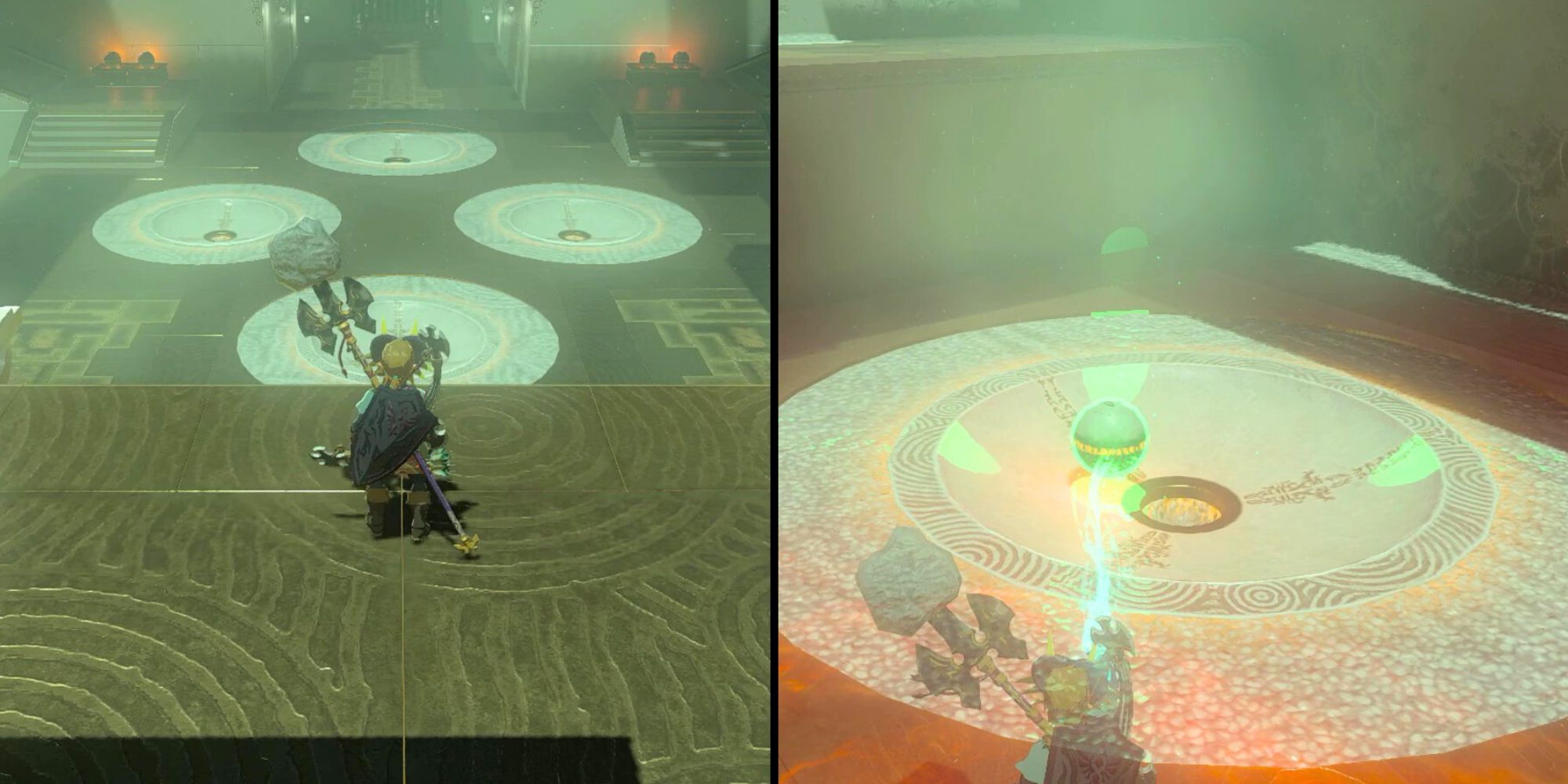 A split image of the Kyokugon Shrine in The Legend of Zelda: Tears of the Kingdom