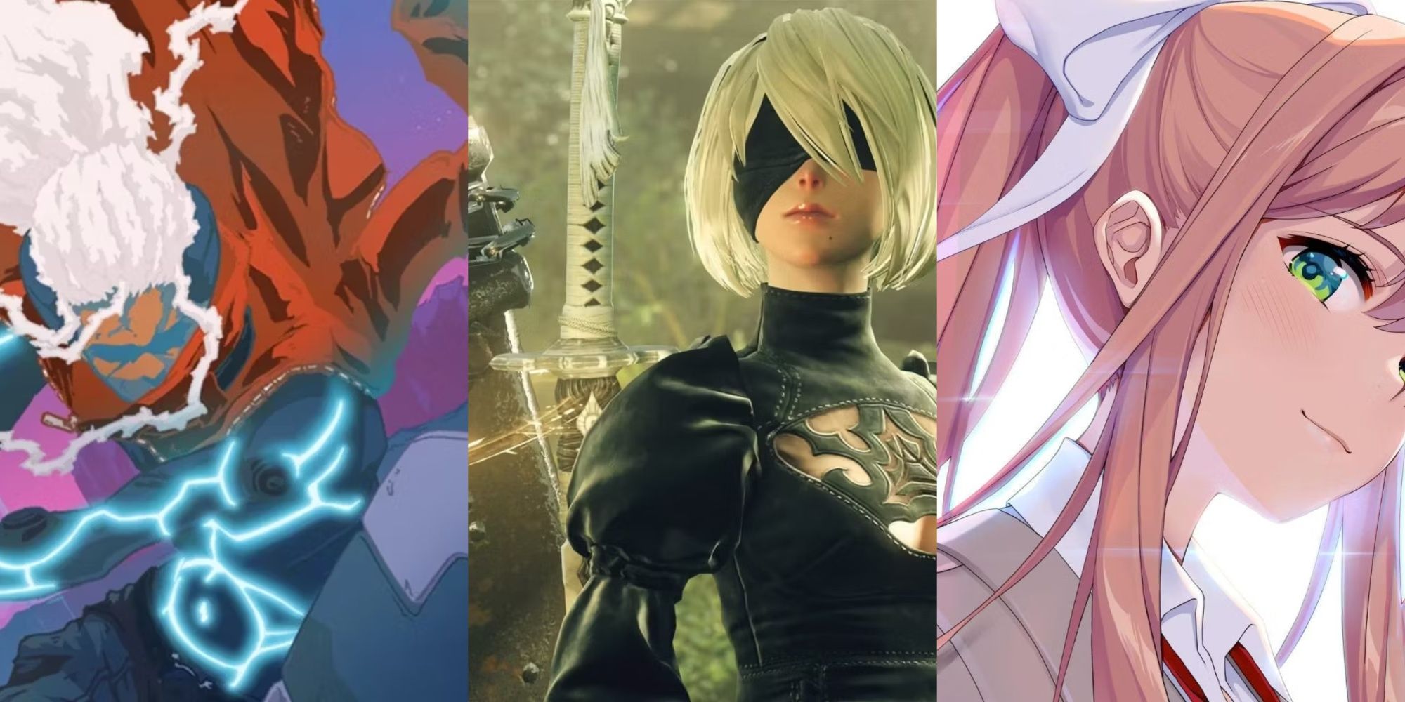 The main character from Furi, 2B from Nier Automata and Monica from Doki Doki Literature Club, left to right