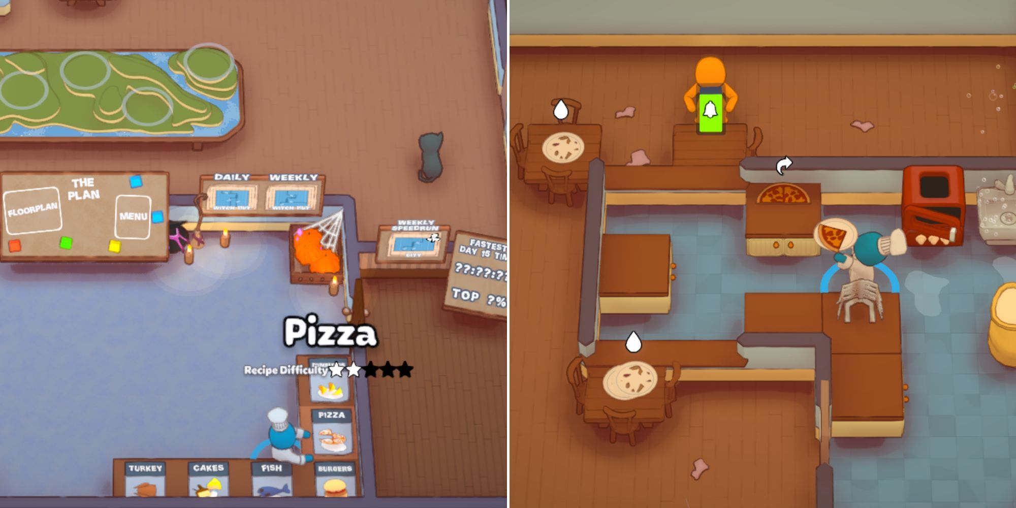 The player selecting pizza in the lobby and holding a pizza during a playthrough in PlateUp