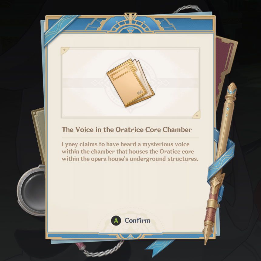 An image depicting a notebook page with key information about The Voice in the Oratrice Core Chamber, a clue in Lyney's case in Genshin Impact.