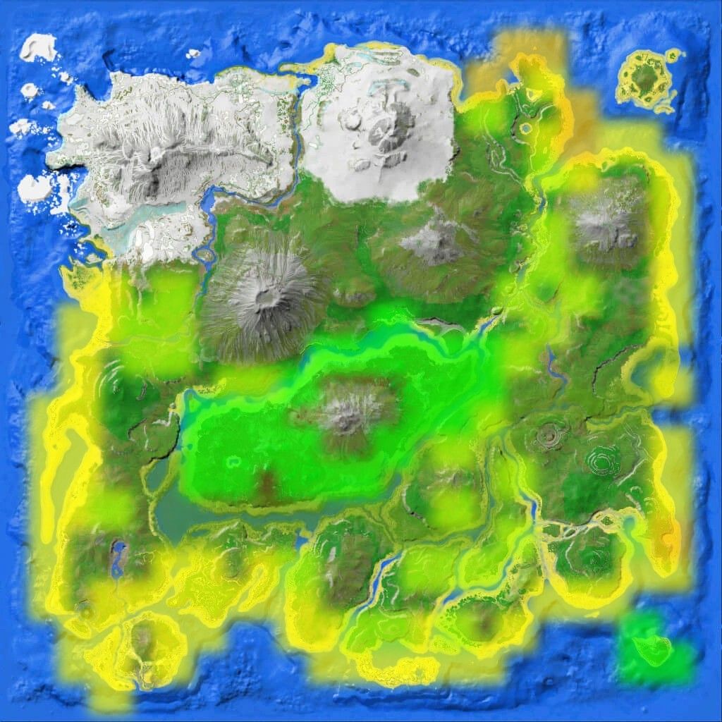 Topographic map of the The Island map with yellow and green colored blocks around the Island where Pteranodon spawn in Ark Survival Evolved.
