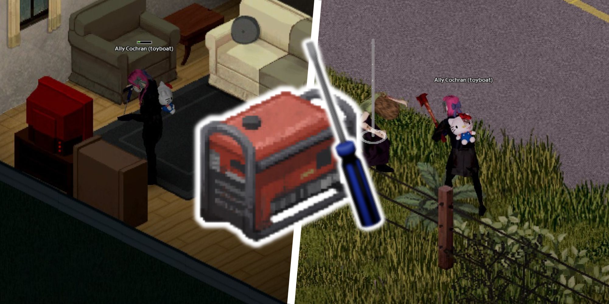 Split image of Project Zomboid player dismantling a tv and hitting a zomboid