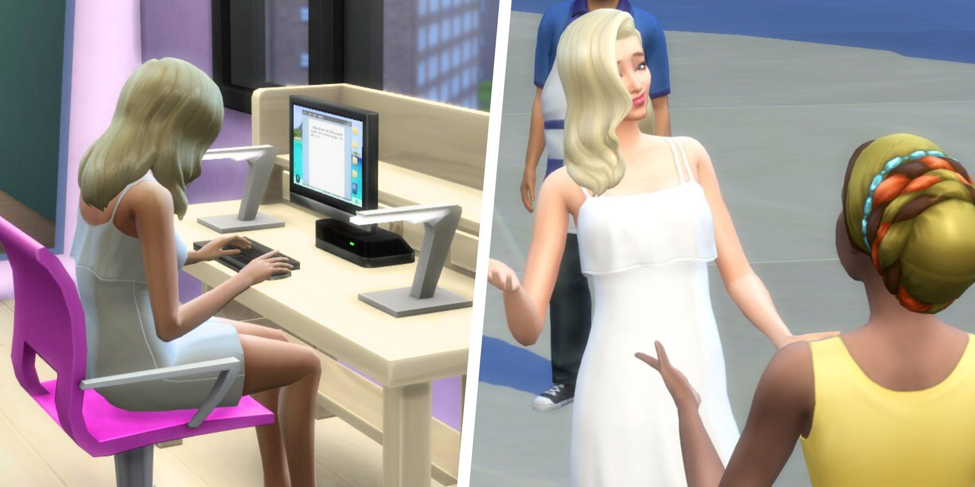 Split image of a Sim writing an article and talking to a Sim in The Sims 4