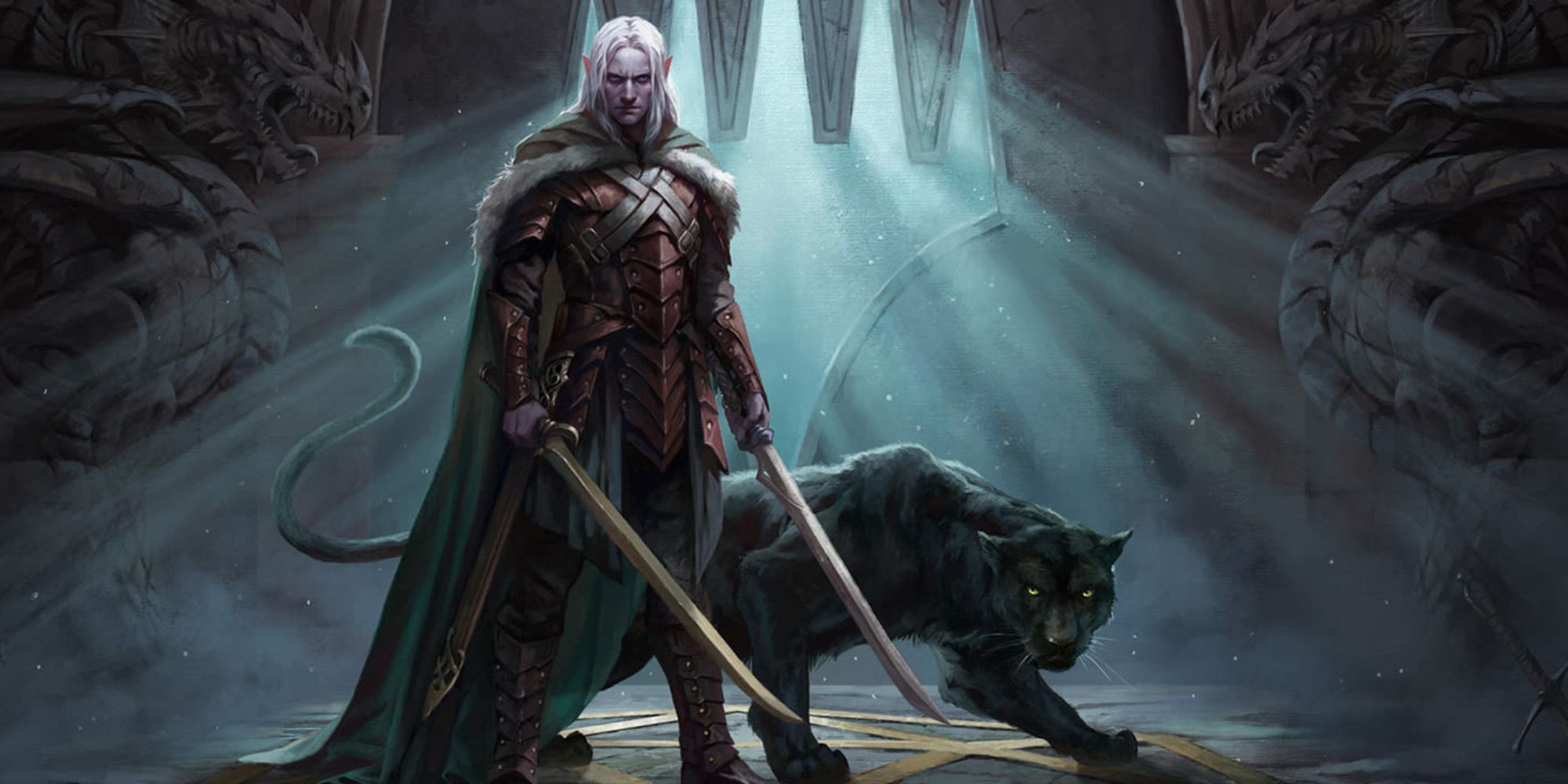 DND man holding swords with a black panther