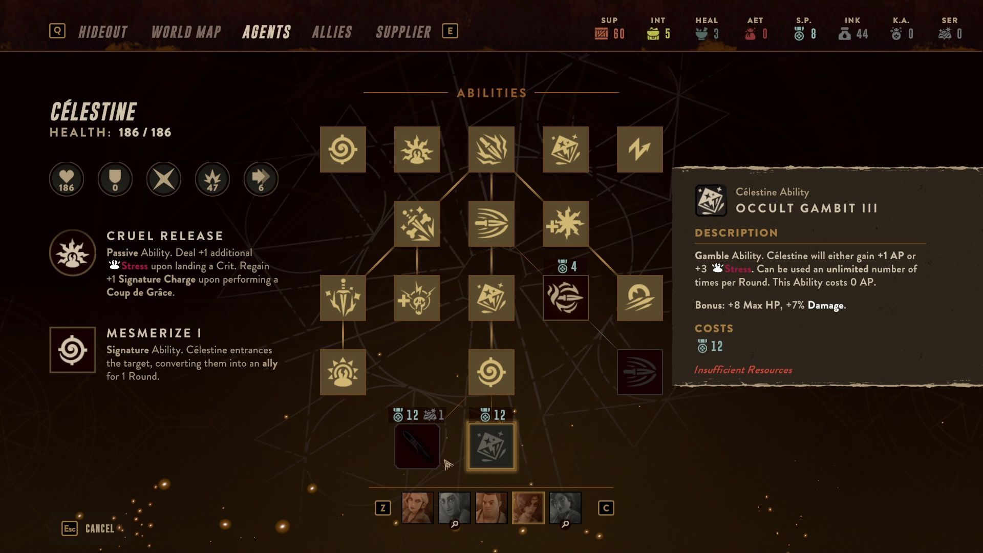 The assassin Celestine's skill tree, focused on her Occult Gambit ability that converts sanity into bonus actions