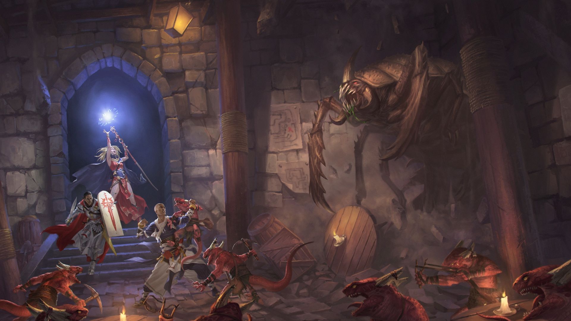 A witch, paladin and monk face off against a swarm of kobolds in an underground dungeon