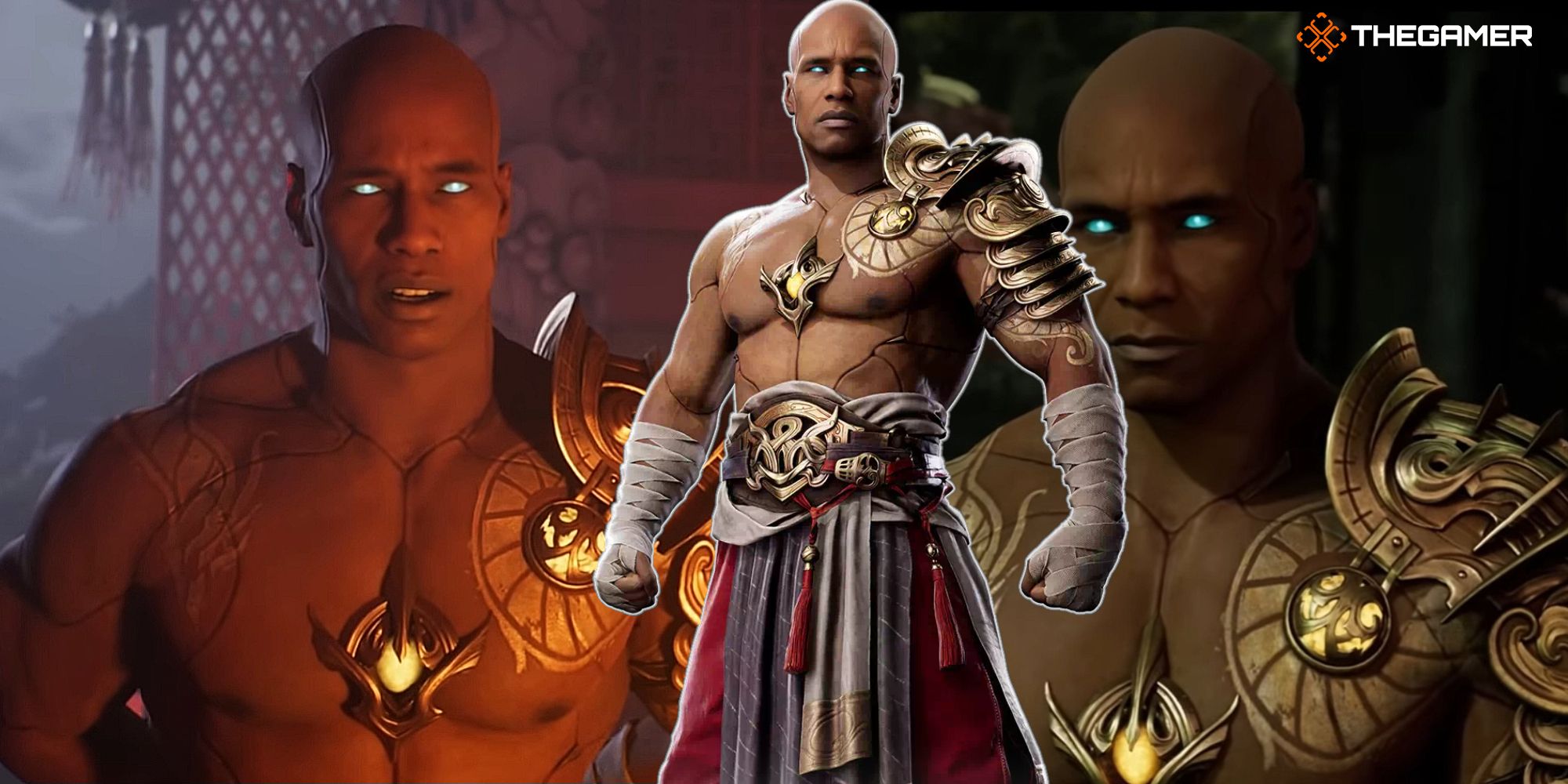 three images of Geras stand in the right and left and middle in Mortal Kombat 1.