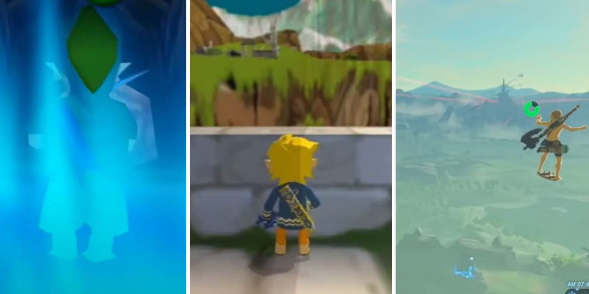 Three panels featuring Link glitching in different ways