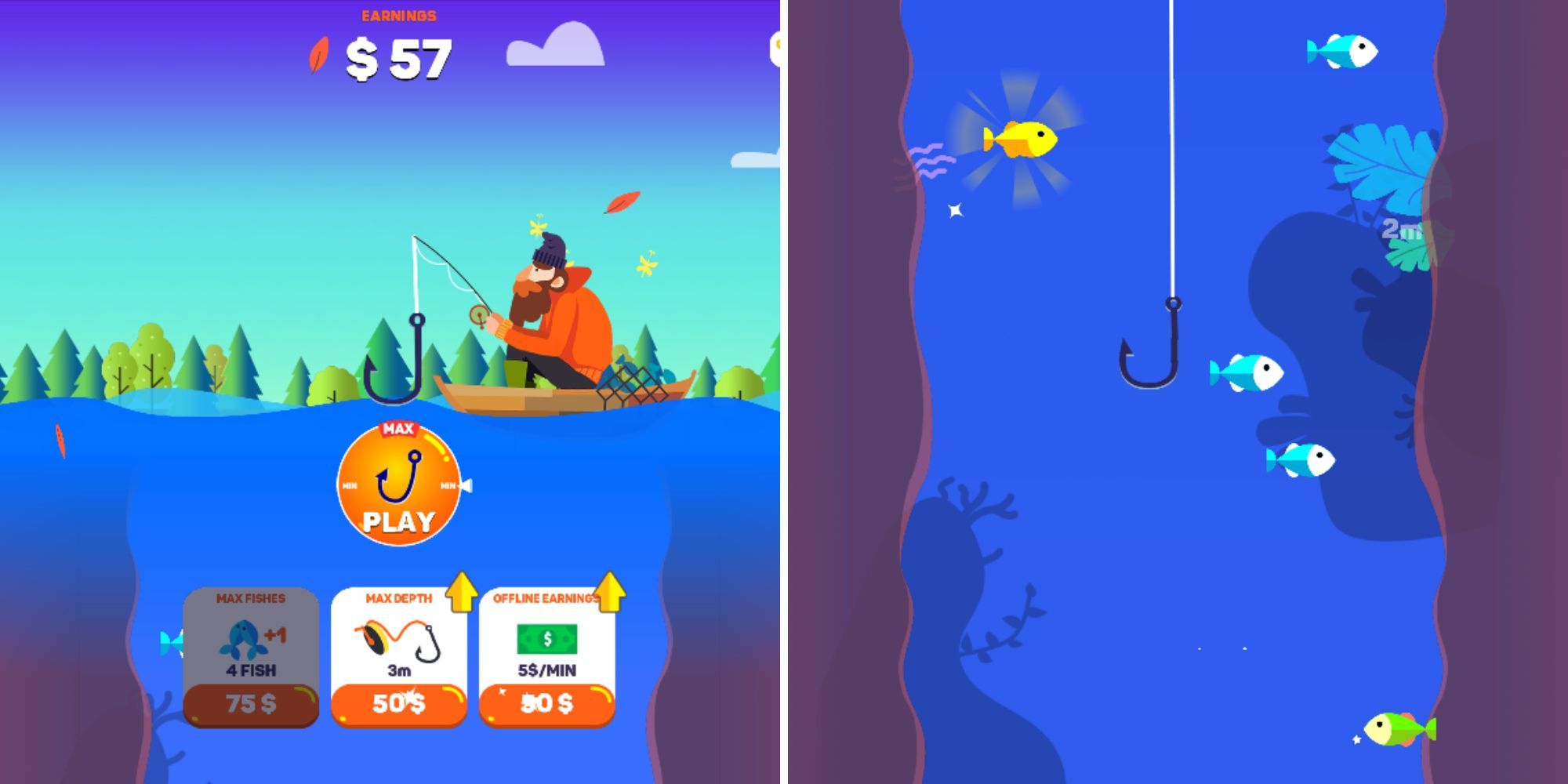 A split image of a small wooden boat with a fisherman in an orange hoodie, and a 2D, underwater view of a fishing hook and multicolored fish.