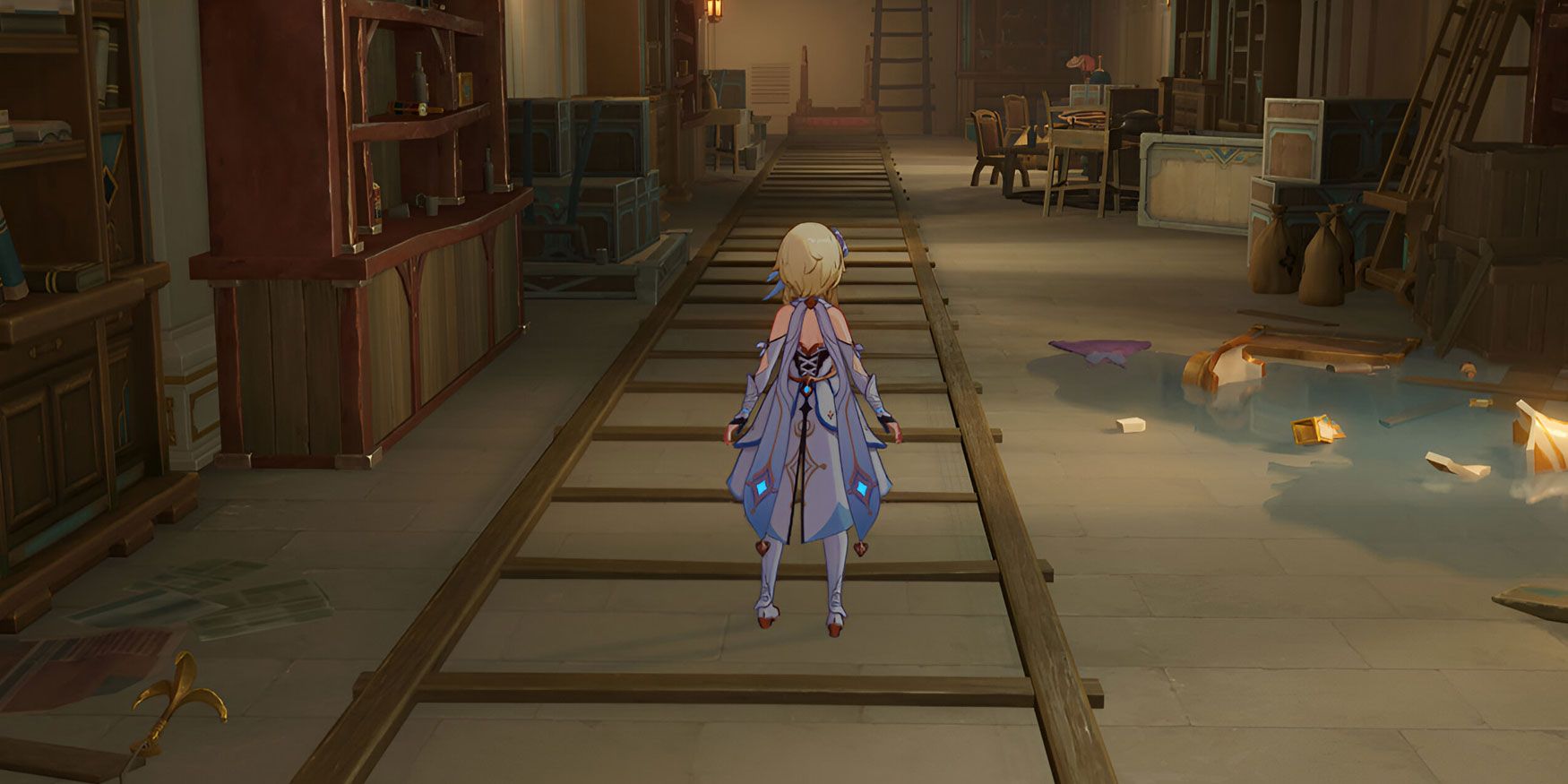 A shot of Lumine, the female Traveler, looking ahead in the Underground Passage in the Opera house in Genshin Impact.