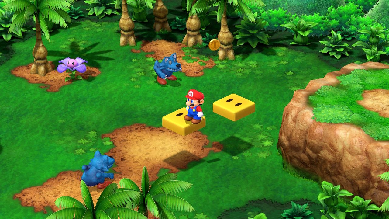Mario standing on yellow platforms to reach a new spot in Super Mario RPG.