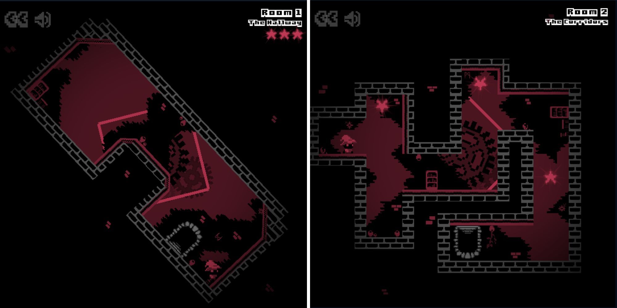 A split image of largely black and red, 8-bit levels showing an exit door and red collectible stars.
