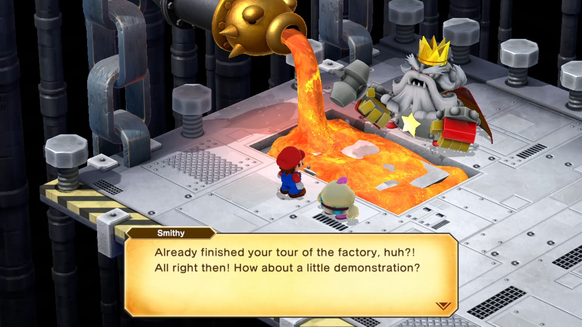 Super Mario RPG Smithy talking to Mario And Mallow