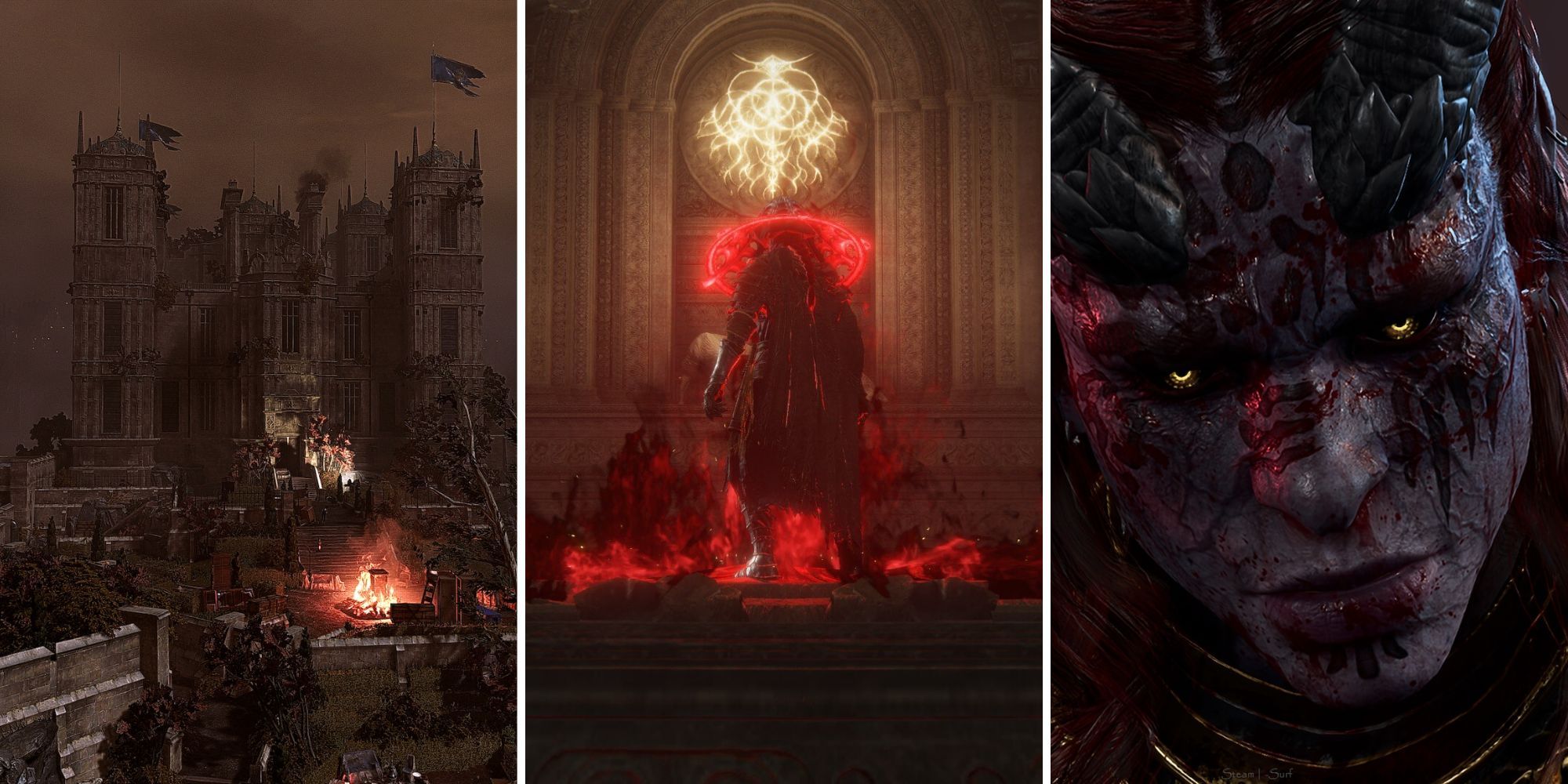 Dunwall's royal palace grounds under attack in Dishonored 2, red energy engulfing a player in Elden Ring, and a sinister looking Tiefling in BG3.