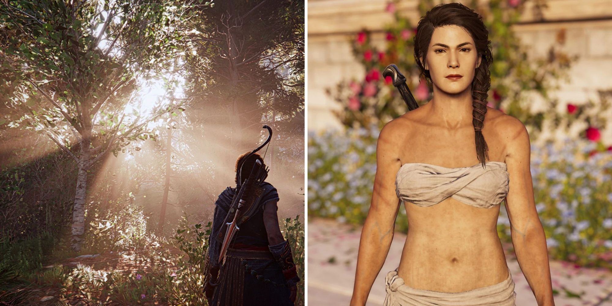 A split image of an armored, armed character in a sunlit, wooded area, and a muscular Kassandra with a modified, light skin tone.