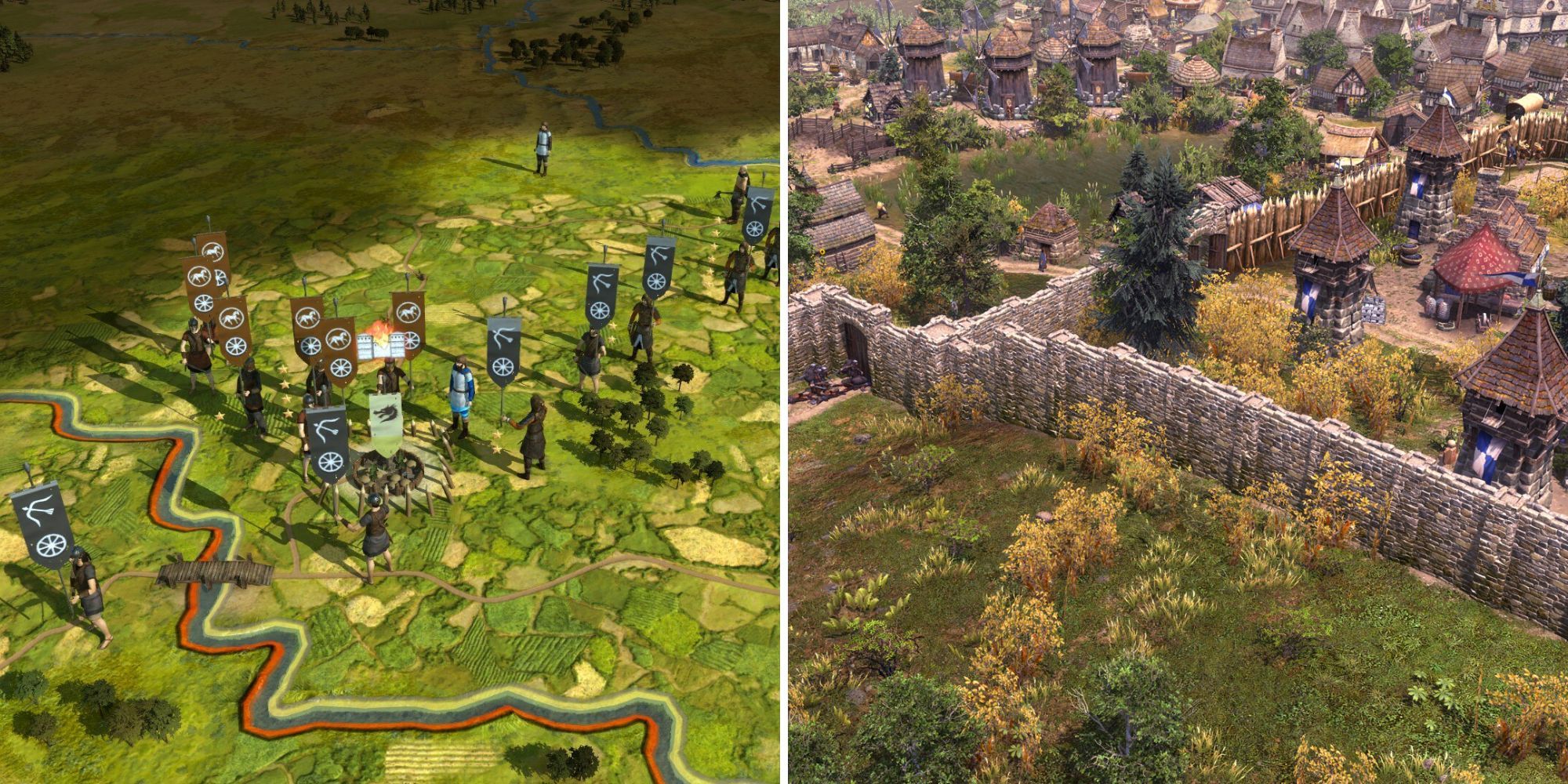 A green battle map of allied and enemy forces in Total War: Rome Remastered, and a bustling settlement surrounded by stone walls in Farthest Frontier.