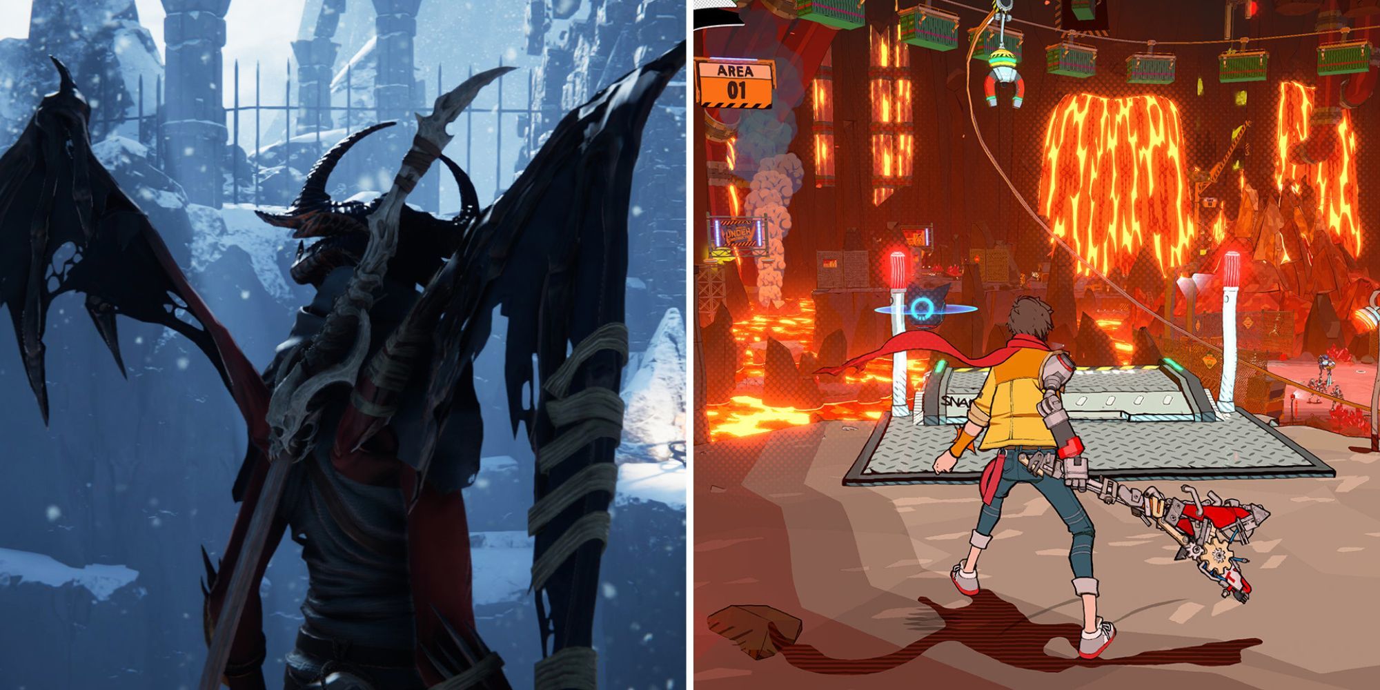 A split image of a red-skinned demon with black wings in a snowy environment, and a third-person view of Hi-Fi RUSH protagonist Chai wielding a scrappy guitar in a fiery arena.