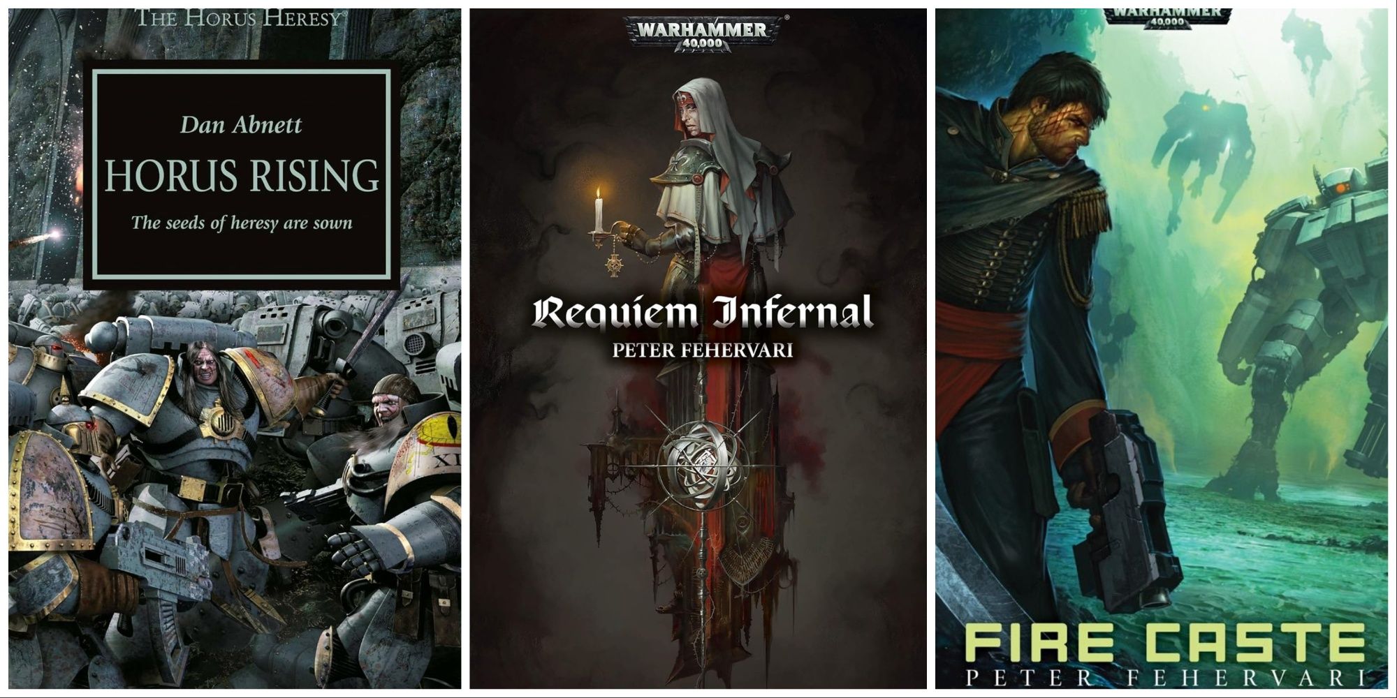 A three-part joined image of the covers of the novels Horus Rising, Requiem Infernal, and Fire Caste.